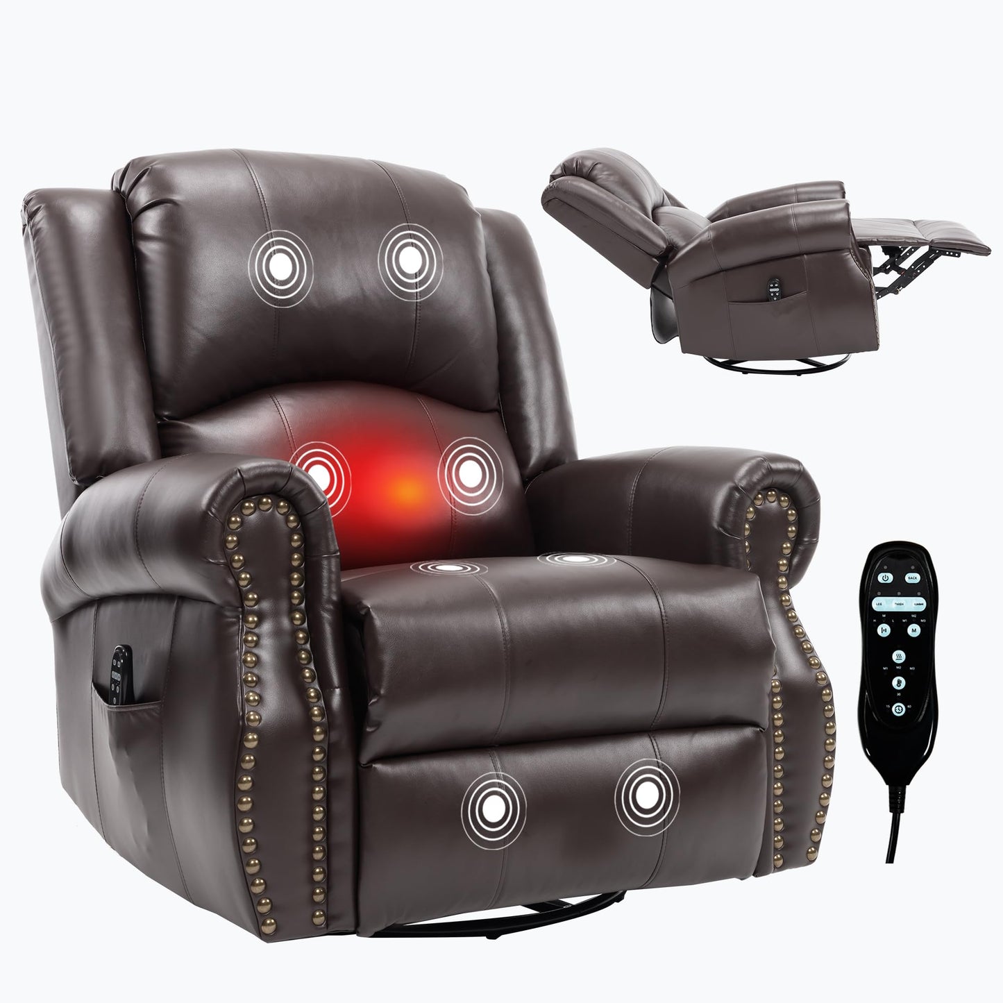 GDFStudio Heat Massage Swivel Rocker Recliner Chair, Manual Fabric Recliner with 360° Swivel, Rocking Function, Lumbar Heat and 8-Point Massage, Overstuffed Living Room Reclining Chair, Brown