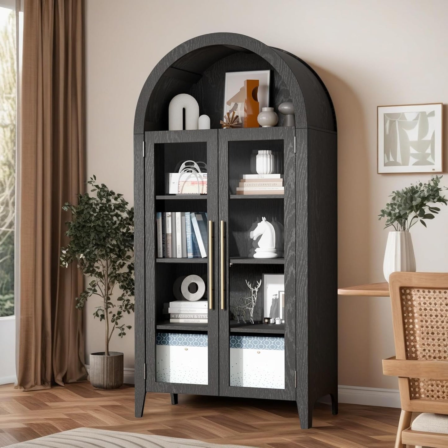 TRUNBACK 63" Tall Arched Display Cabinet with Glass Doors, Modern 5-Tier Curio Cabinet with Adjustable Shelves for Living Room, High Load Capacity Wood Arched Bookshelf Pantry Cabinet, Black