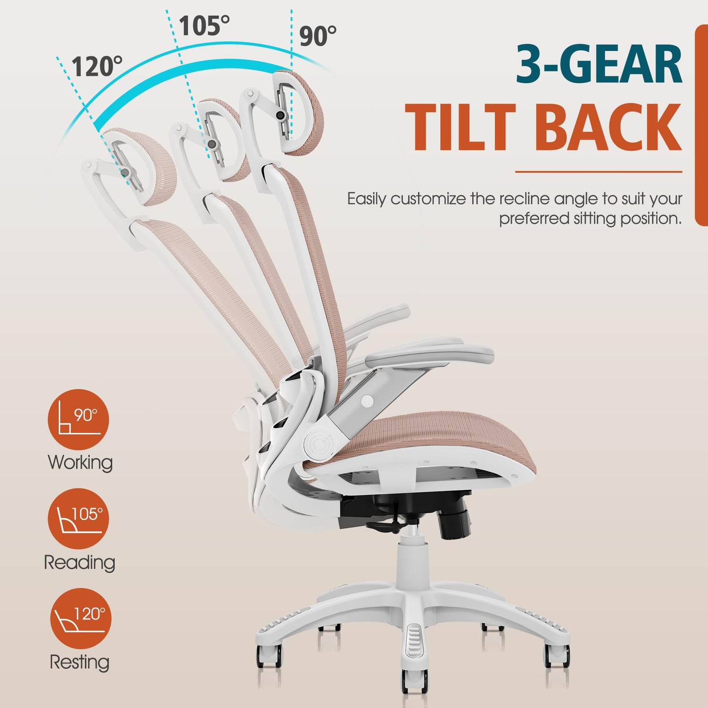 GABRYLLY Ergonomic Office Chair, High Back Home Desk Chair with Headrest, Flip-Up Arms, 90-120° Tilt Lock and Wide Cushion, 300LBS Mesh Chairs for Man Woman, White Task Chair(Pink,GY01WPK)