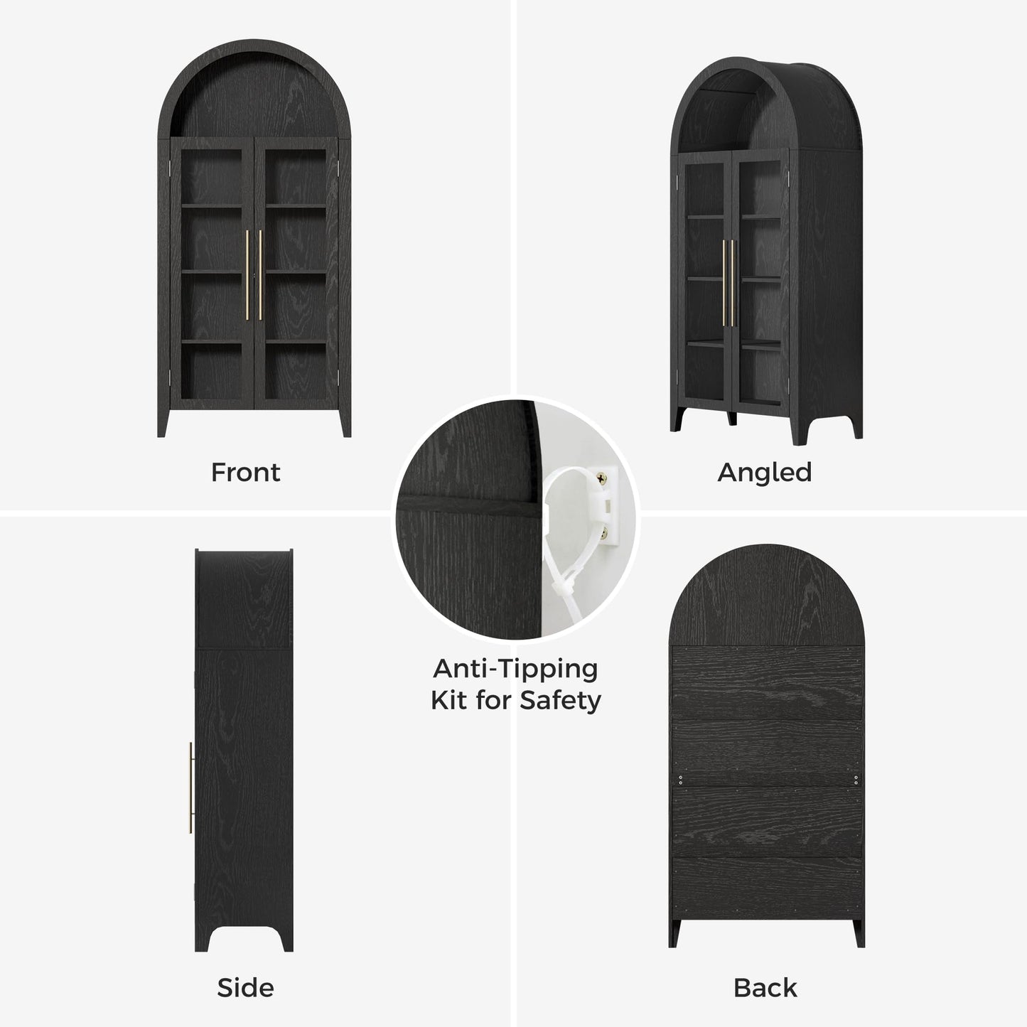 Trygoal Arched Display Cabinet with Tempered Glass Doors Heavy Duty 5 Tier Curio Cabinet with Adjustable Shelves Modern Arched Bookshelf Free Standing Bookcase Pantry for Living Room Kitchen Black