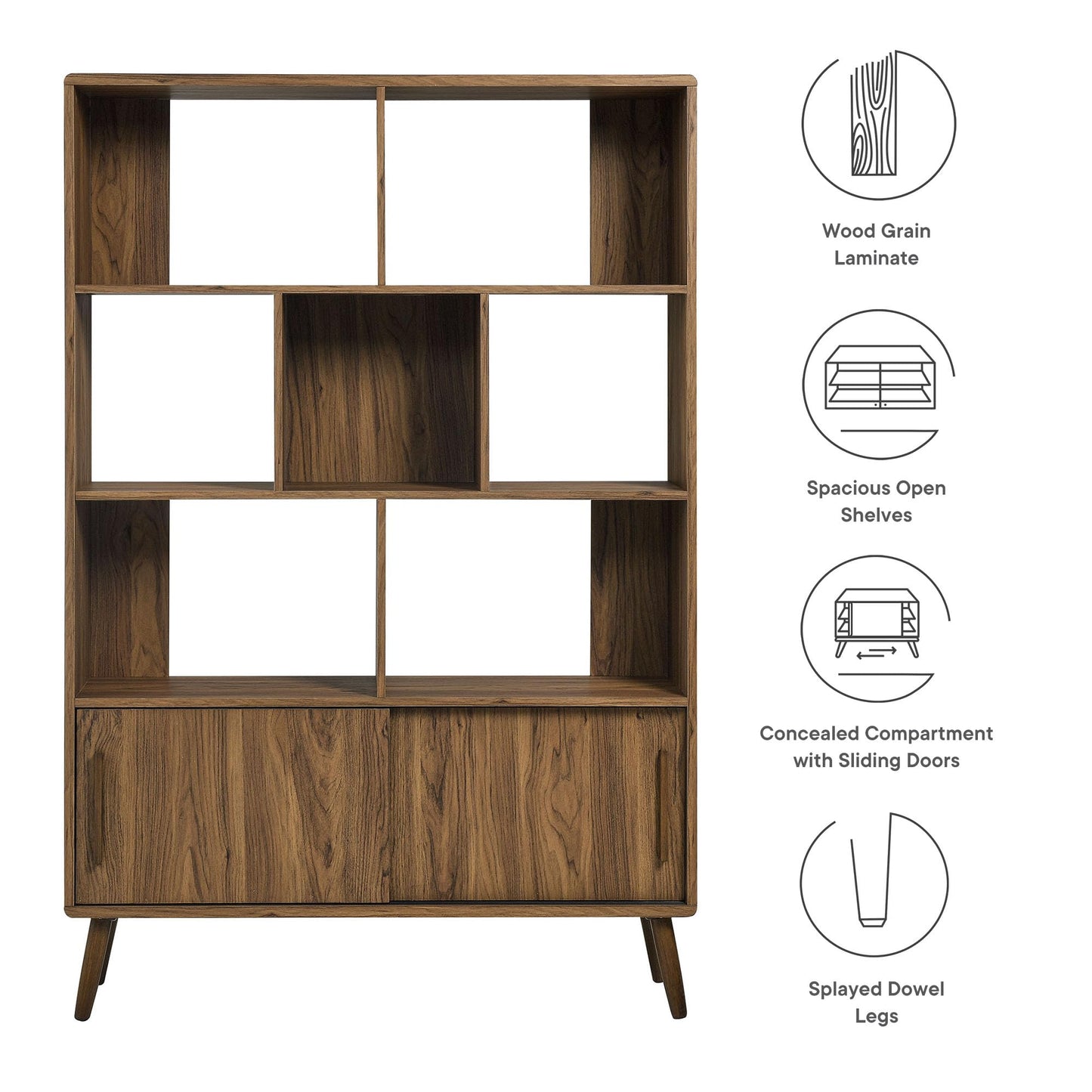 Modway Transmit 8 Shelf Bookcase with Sliding Doors in Walnut - 45 Inch Wood Mid-Century Modern Bookshelf - 4 Tier Tall Open Display Storage Cabinet for Living Room, Office, Hallway