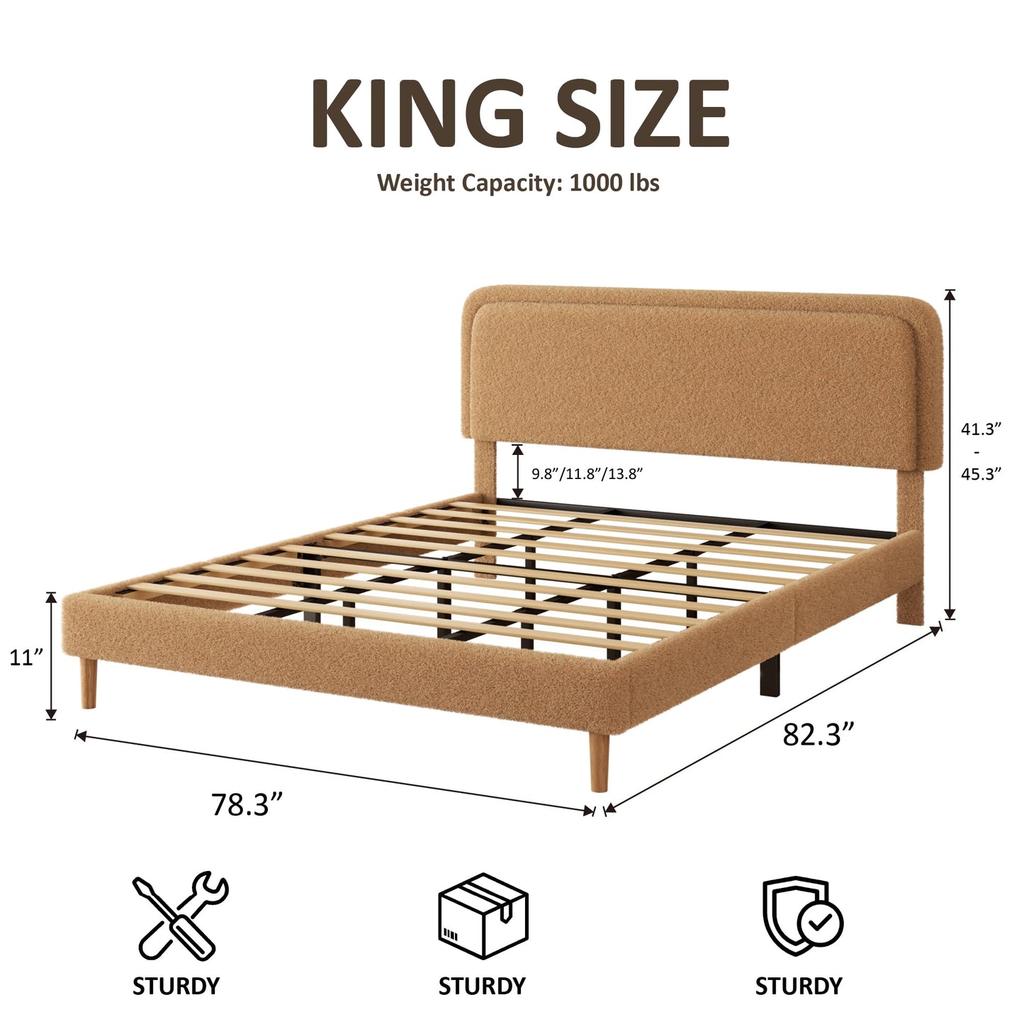 JULYFOX Boucle Upholstered Bed Frame with Adjustable Headboard Height, No Box Spring Needed, Noise Free Platform Bed Frame, Teddy Soft Fabric Bed Base, 1000 Lbs Heavy Duty Support (Brown, King)