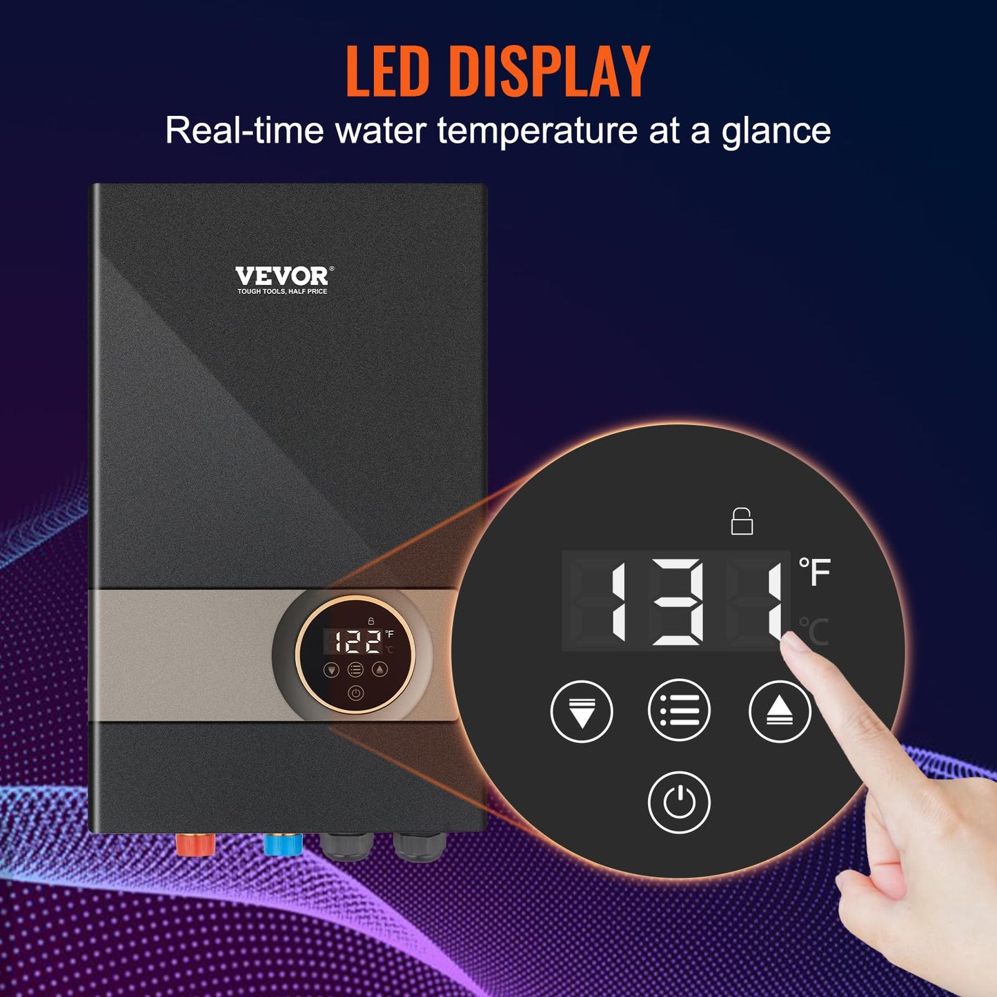 VEVOR Tankless Water Heater Electric, 18KW 240V Black Instant Water Heater, LCD Touch Screen, Digital Temperature Display, Child Security Lock, On Demand for Bathroom, Kitchen, Shower, Mall, Salon