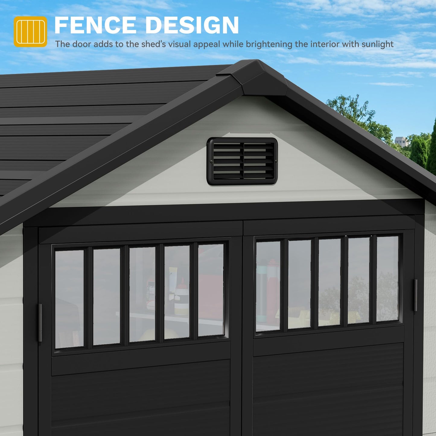 DWVO 6x4.4 FT Resin Storage Shed with Fence-Style and Side Windows, Lockable Door, and Vents for Garden, Backyard, Patio, Lawn, Blue-Gray