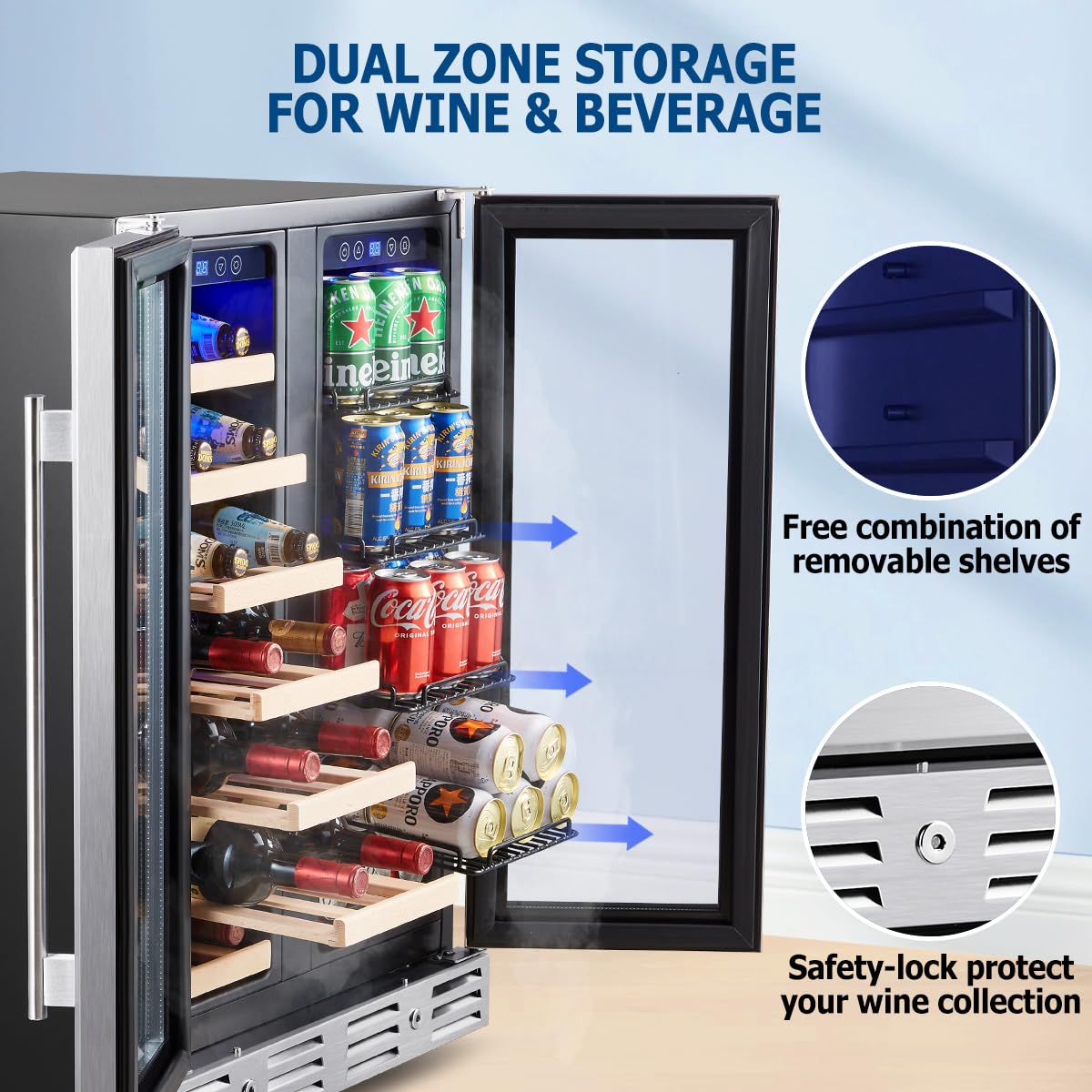 Kalamera 24 inch Wine Fridge Hold 21 Bottles and 75 Cans,Dual Zone Wine and Beverage Refrigerator,Built-In or Freestanding with Blue LED Light,for Home/Bar/Office