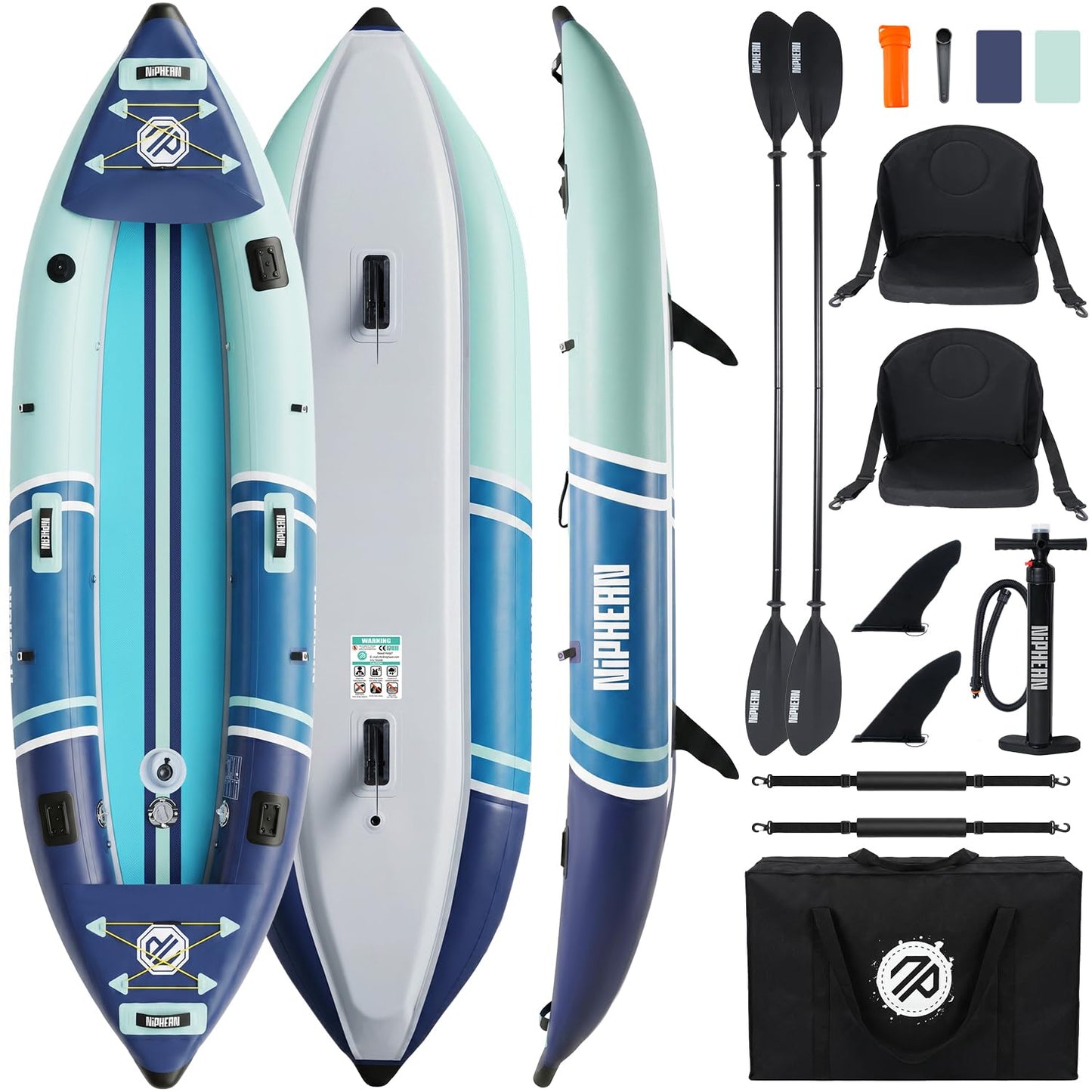 Niphean Inflatable Kayak 2 Person, 12'6" Tandem Kayak with 500lb Capacity, 3-Chamber Stable Design, Drop-Stitch Floor, with Fishing Mounts, Camera Base, Kayaks Seats for Lakes, Touring, Fishing