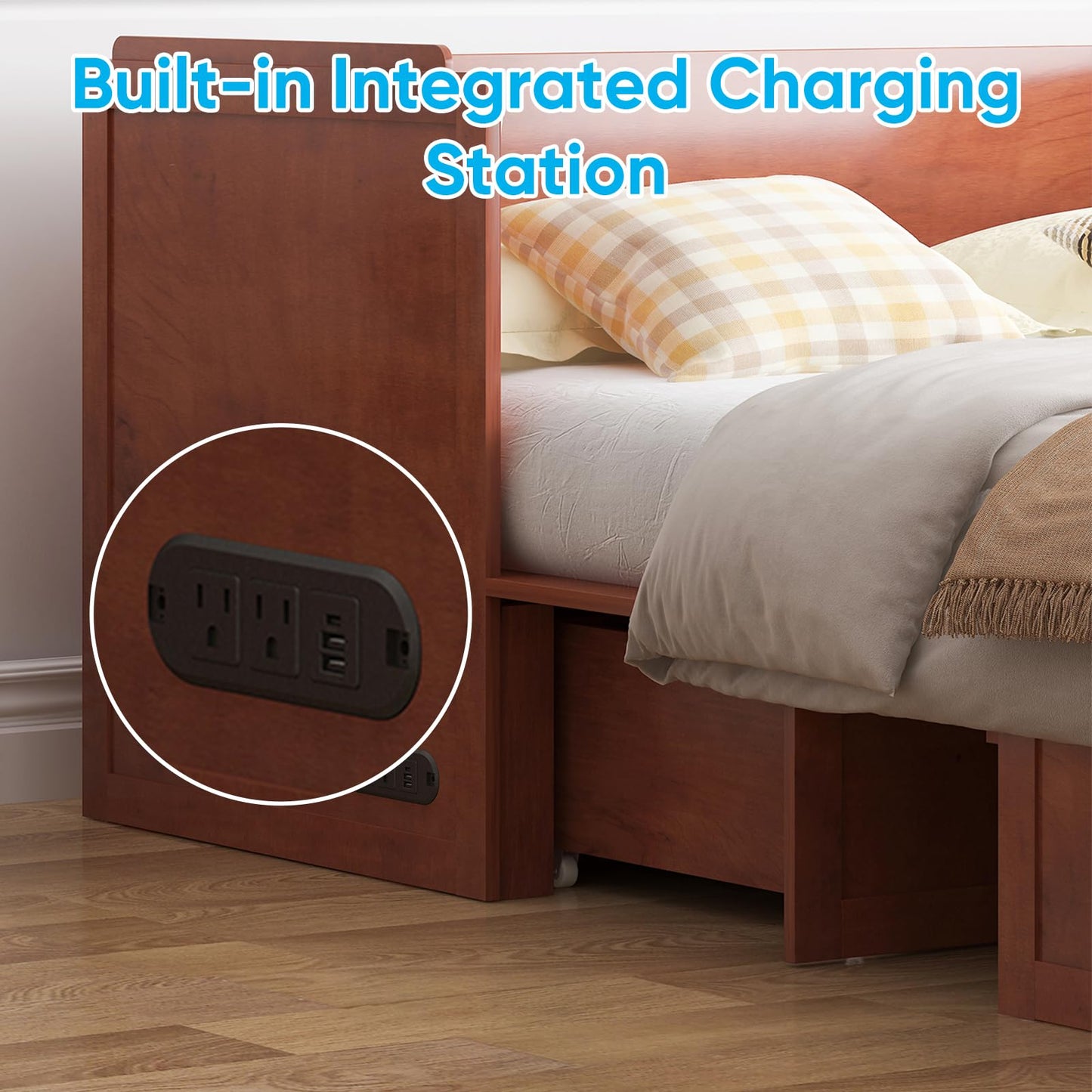 Mjkone Murphy Bed, Queen Hidden Cabinet Bed with Built-in USB Charging Station and 2 Storage Drawers, Murphy Wall Beds Cabinet Beds for Living Room, Guest Room, Apartment, Brown (No Mattress)