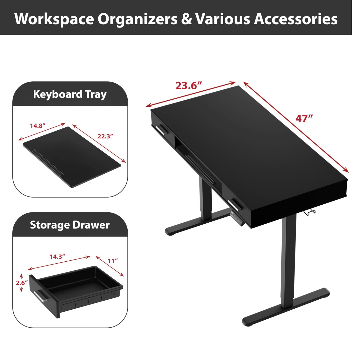 SHW 48-Inch Electric Height Adjustable Desk with Keyboard Tray and 2 Drawers, Black