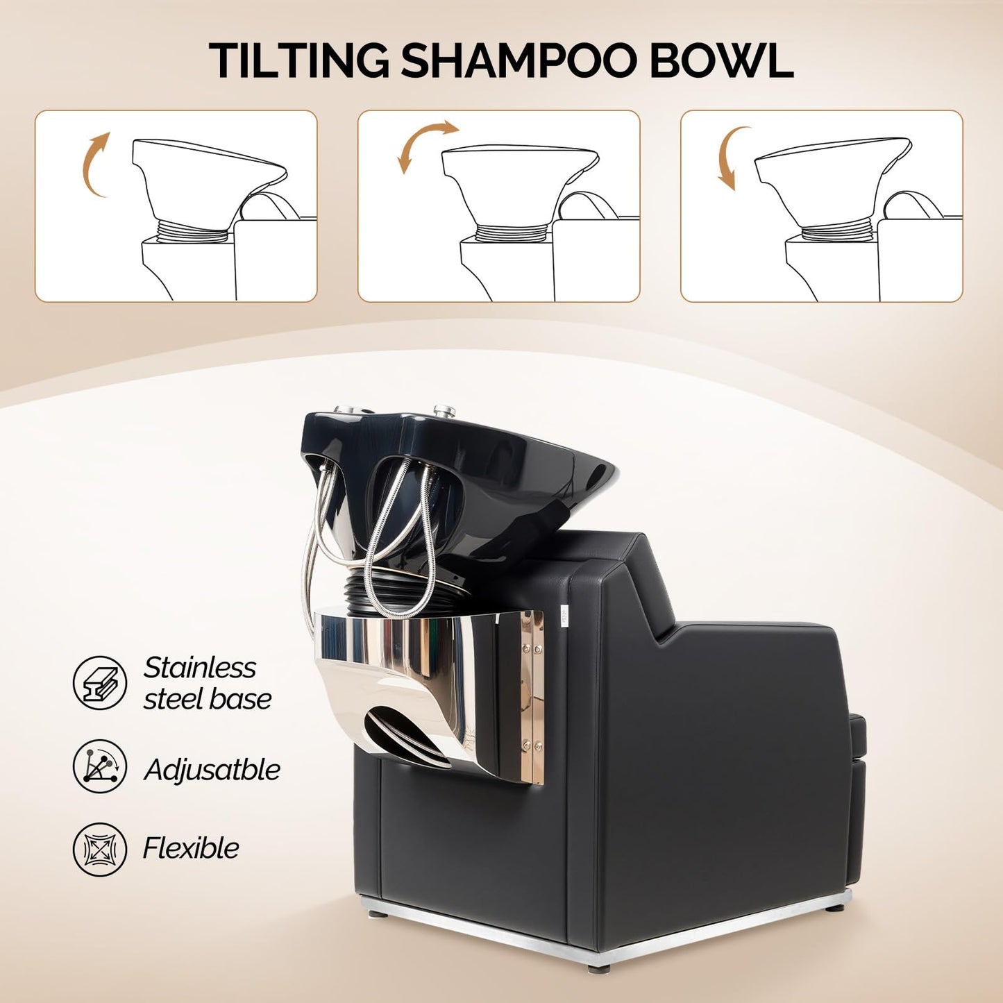 OmySalon Shampoo Bowls for Salon, Black Shampoo Chair with Tilting Porcelain Sink, Hair Washing Station Backwash Barber Chair, Shampoo Unit for Beauty Spa Barbershop