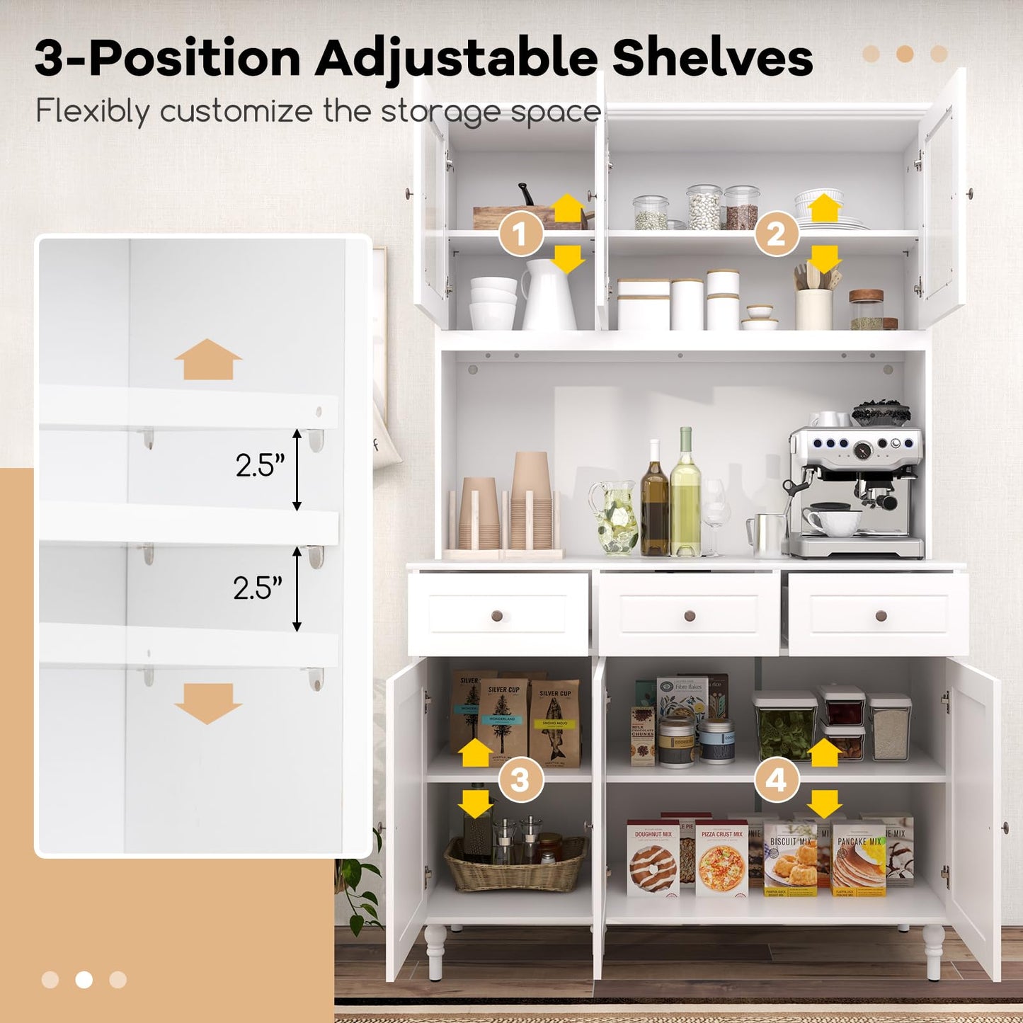 Giantex 77” Large Pantry Cabinet, Kitchen Buffet Hutch w/LED Lights 20 Colors, Outlet, 3 Drawers, Microwave Countertop, Freestanding Cupboard with 4 Adjustable Shelves & Tempered Glass Doors (White)