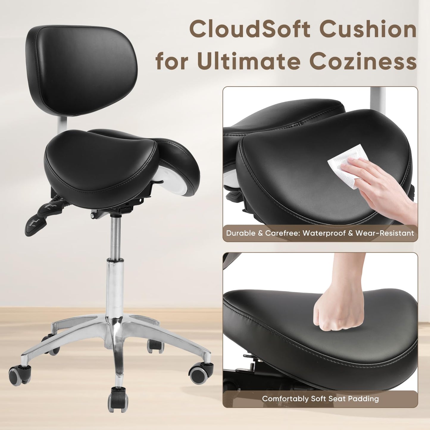 Ailyful Ergonomic Saddle Stool with Backrest, 485 lbs Capacity Rolling Stool, 12 Tilt, Adjustable Height Split Seat Stool, 360 Swivel Rolling Chair for Office, Salon, Massage, Dental, Tattoo