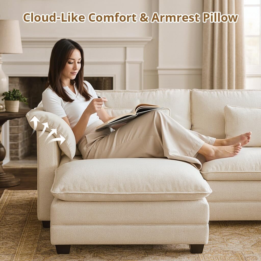 COMHOMA 120" U Shaped Sectional Sofa with Movable 2 Ottomans,Comfy Cloud Modular Couch with Throw Pillows,Modern Chenille Deep Seat Sofa Couches for Living Room,Beige