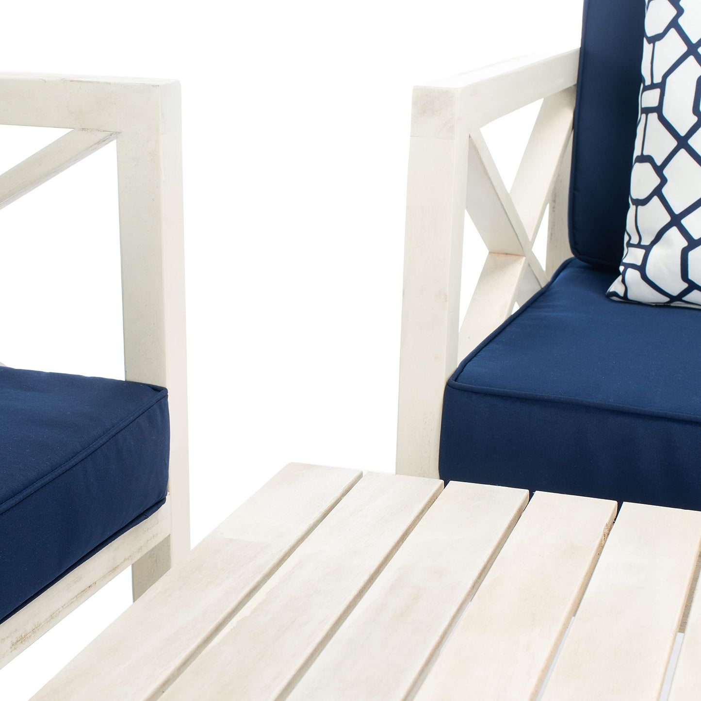 SAFAVIEH Outdoor Collection Nunzio Off-White/Navy Blue Cushion 4-Piece Conversation Patio Set with Accent Pillows