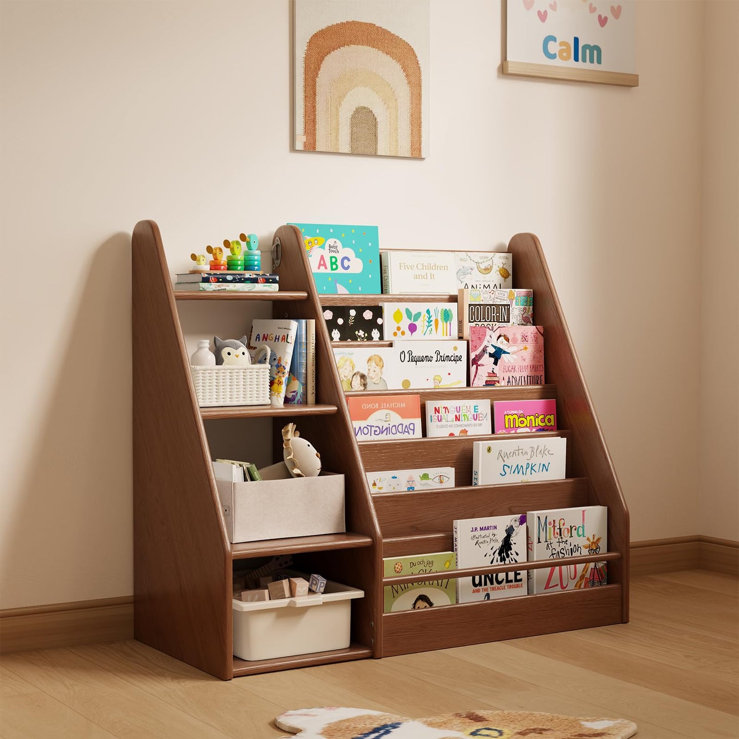 DONGMUWUJEE Solid Wood Kids Bookshelf and Storage Organizer, 7 Layer Children Bookcase, Baby Toddler Wooden Book Shelf, Display Cabinet for Playroom, Bedroom, Classroom, Nursery, School, Walnut