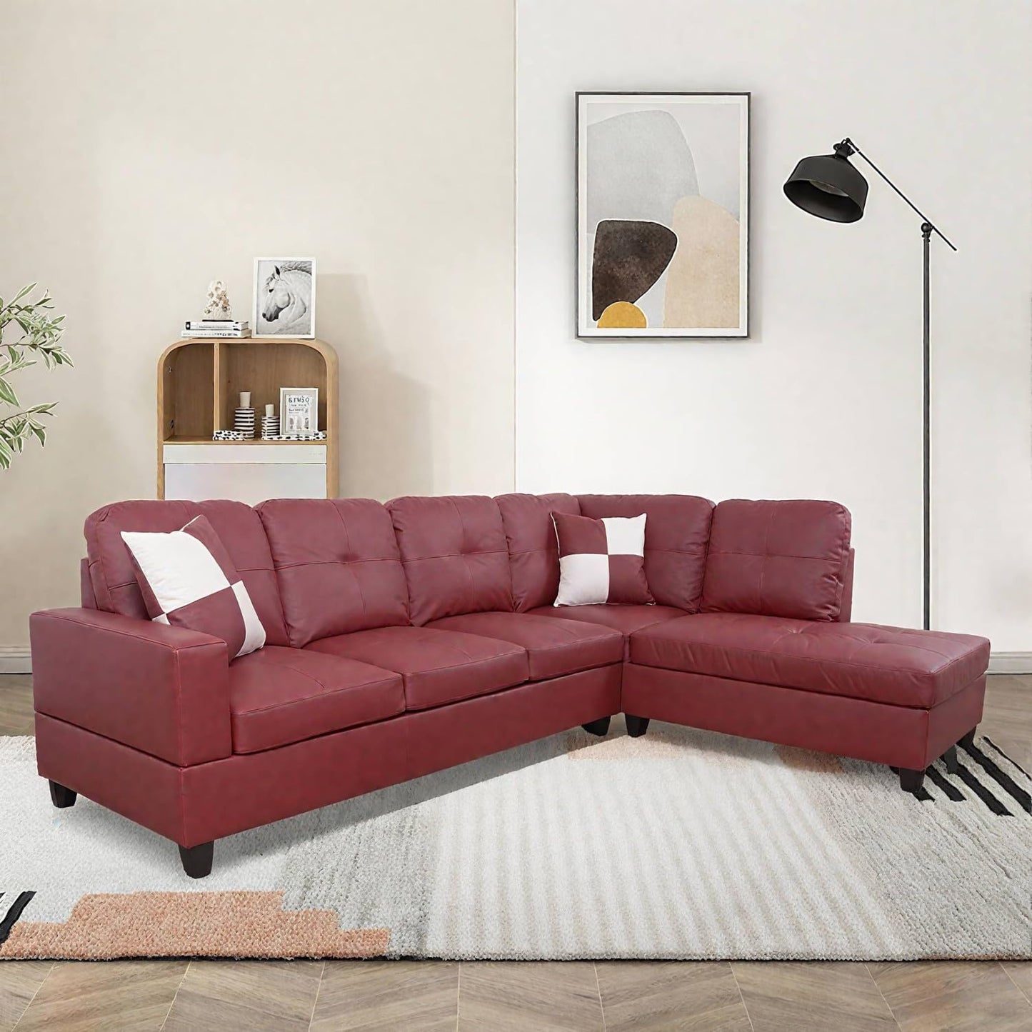 UOCFYK Sectional Sofa Couch with Right Chaise, Faux Leather L Shaped Couches for Living Room, Office, Apartments, Small Space, Red