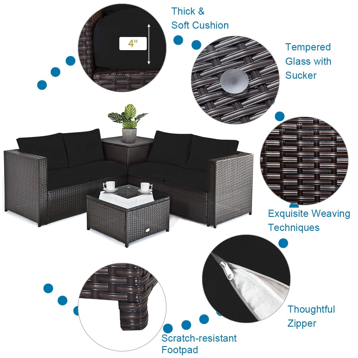 Tangkula 5-Piece Patio Furniture Set with 30 Inches Gas Fire Pit Table, Outdoor Wicker Conversation Sectional Sofa Set with Storage Box and Coffee Table, 50,000 BTU Propane Fire Pit Table (Black)