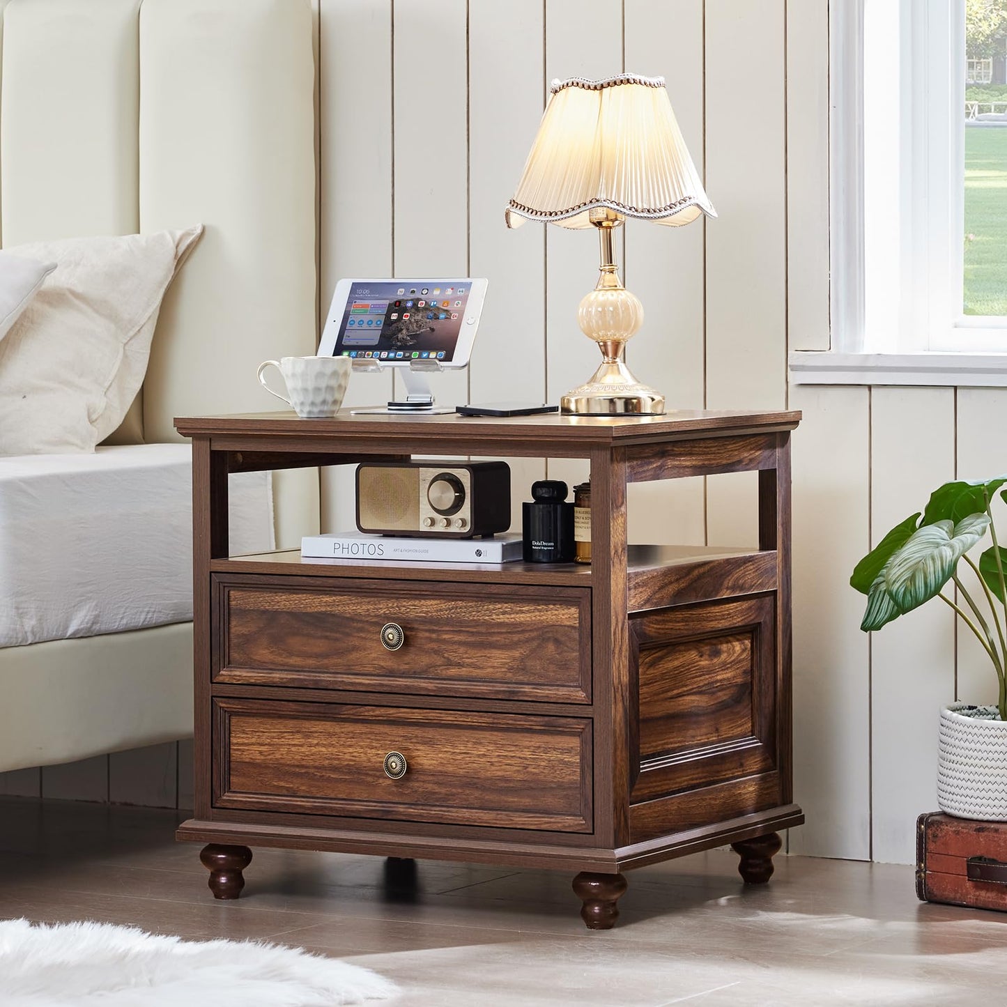Joaxswe 24" Wide Farmhouse Night Stand Set of 2,Large End Table with 2 Drawers & Metal Handle,Brown Wood Dresser for Bedroom, Bed Side Table Chest of Drawers Cabinet, Nightstand for Living Room,Closet