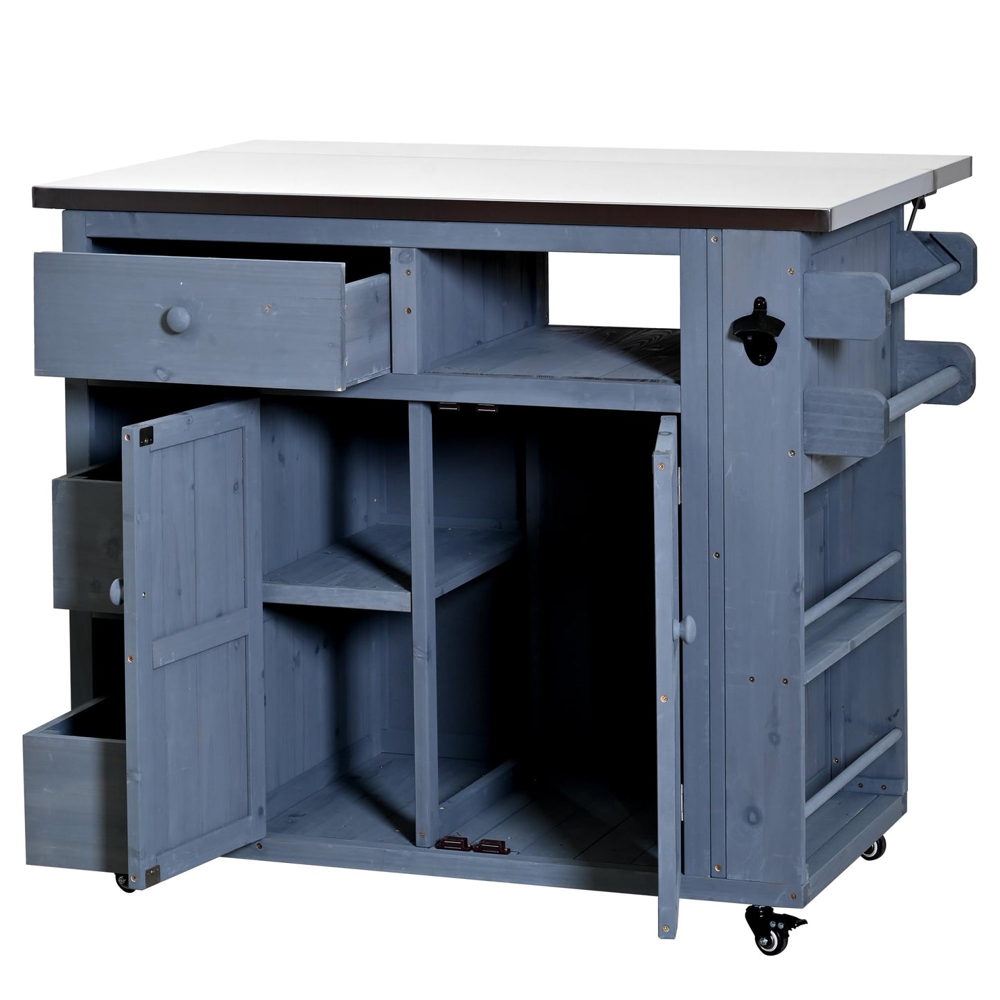 GDFStudio Winford Patio Kitchen Island Cart with Extendable Top, Wooden Outdoor Storage Cabinet with Stainless Steel BBQ Prep Table Top, Drawers, Spice Rack and Lockable Wheels, Potting Bench, Gray