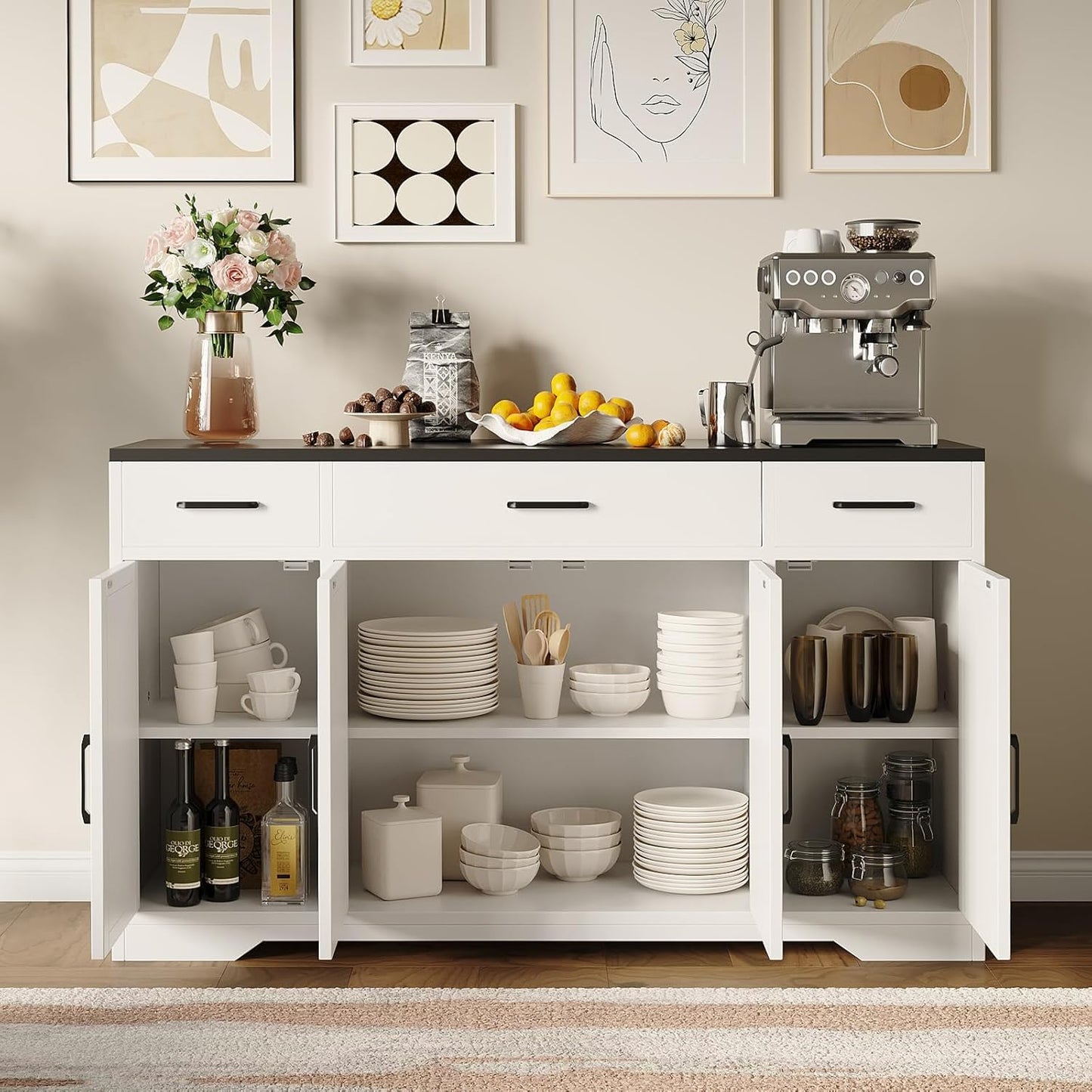 GarveeLife 55" Buffet Sideboard with 3 Drawers, Modern Farmhouse Kitchen Storage Cabinet, Large Wood Coffee Bar Cabinet with Storage for Living Room Hallway- White & Black