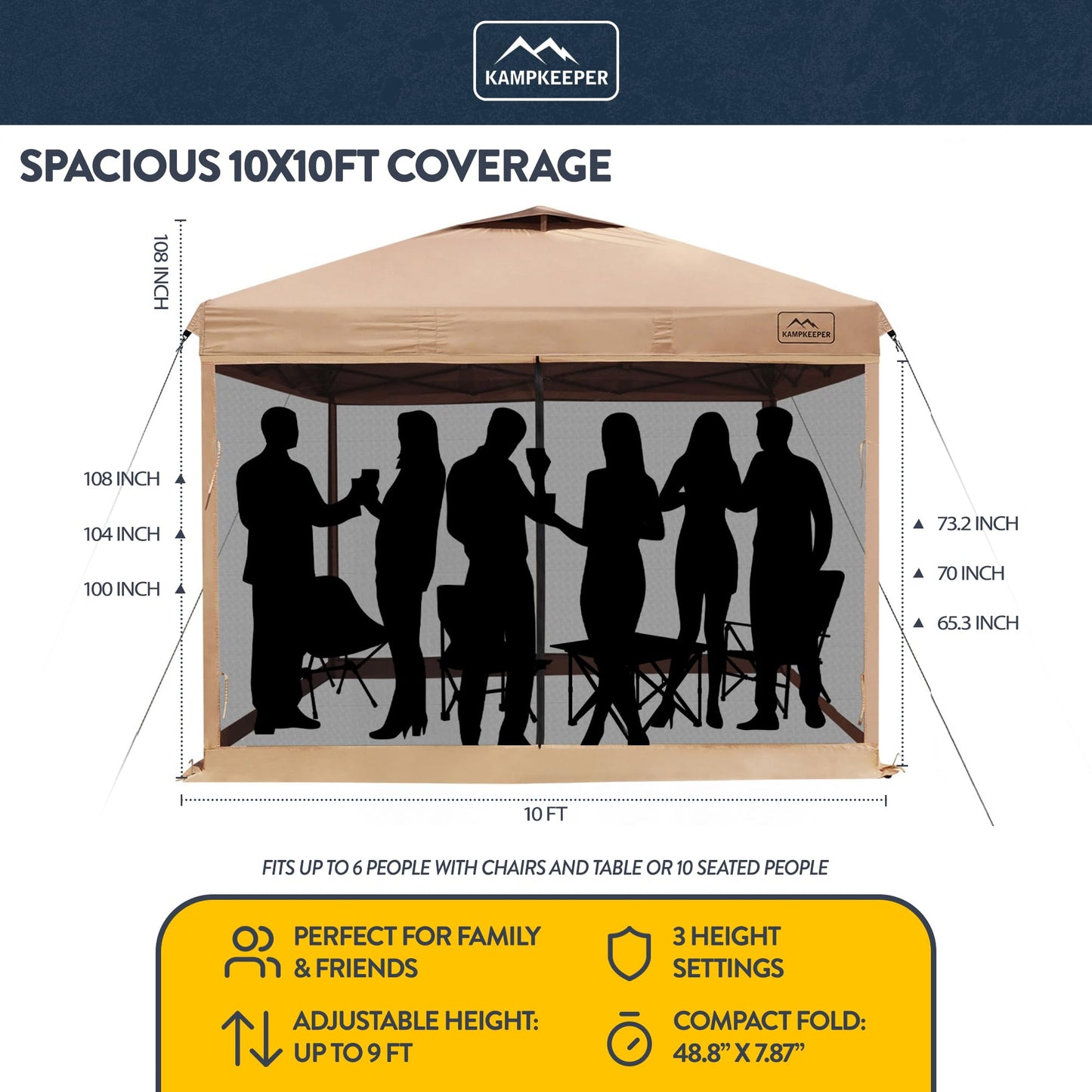 KAMPKEEPER 10x10 Pop-Up Canopy Tent, Waterproof Portable Shade with Screen Walls, Adjustable Instant Outdoor Shelter for Camping, Backyard, and Events, Khaki