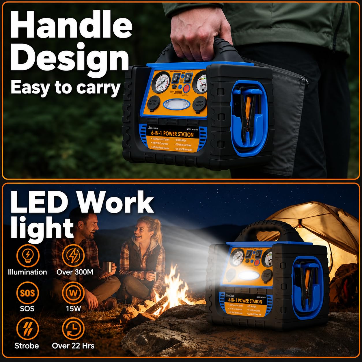 Car Jump Starter with Air Compressor, 2200A Battery Booster Pack for Up to 8.0L Gas & 6.0L Diesel, 150PSI Tire Inflator, 400W Portable Power Station with AC Outlet, 6-in-1 Jump Box for Cars, Trucks