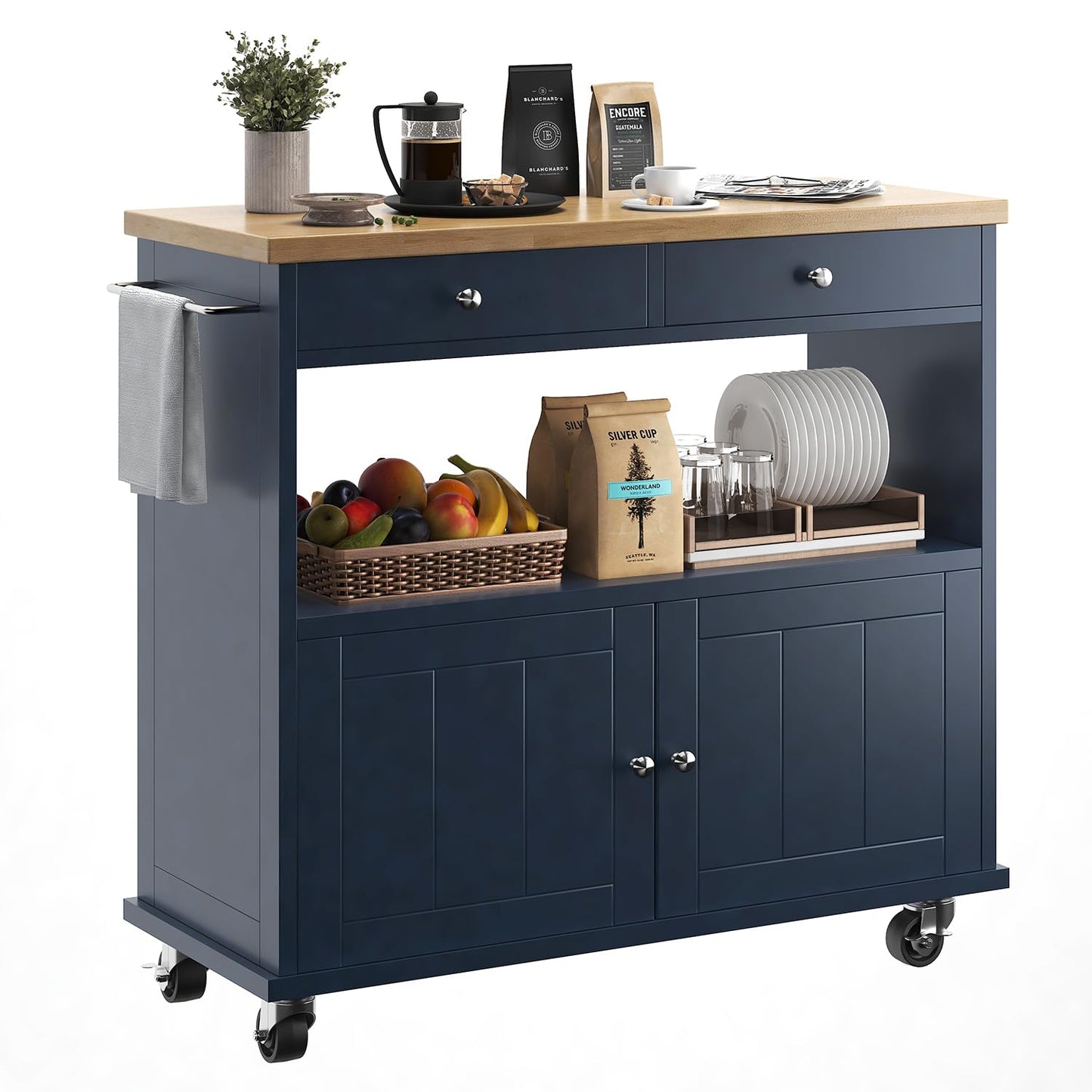 knoworld Rolling Kitchen Island with Storage Cabinet, 35.4'' Width Kitchen Cart, 2 Drawers Island Table, Portable Mobile Kitchen Island with Towel Rack, Wood Top and Lockable Wheels, Blue