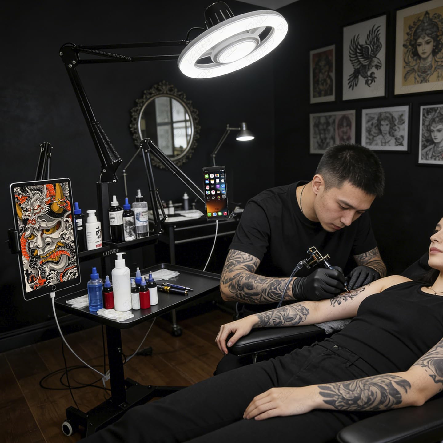 Upgraded multi-functional tattoo workbench, featuring added sockets, ultra-bright LED lights, tattoo tray trolley