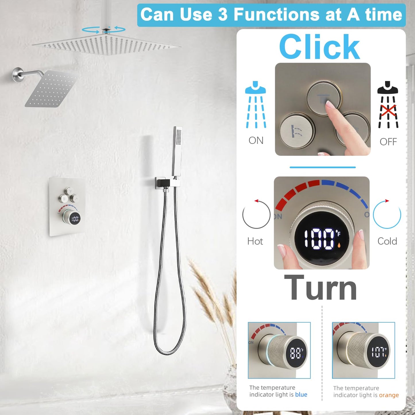 Shower System 12 Inches & 6 Inches Rainfall Shower Head System for Bathroom 3 Function Shower System Set Shower Faucet Concealed Installation Valve（Brushed Nickel）