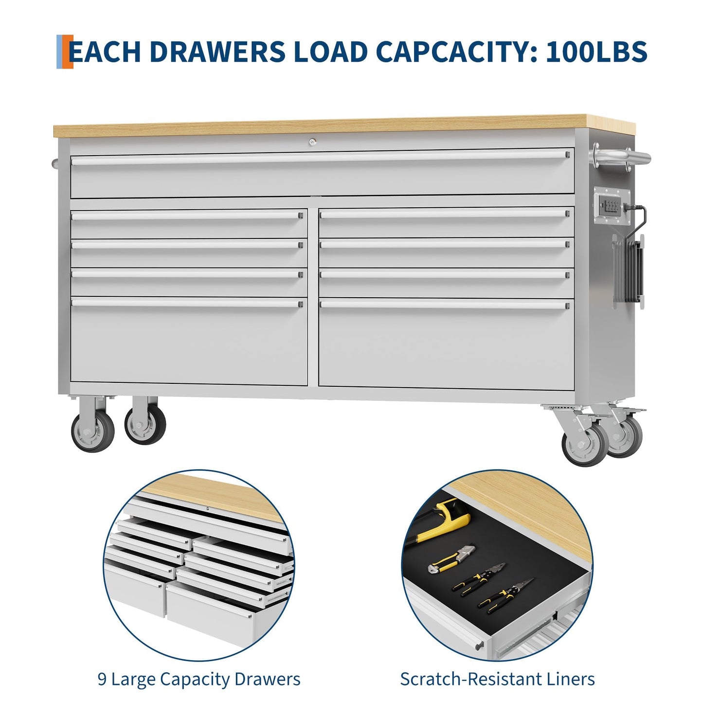 MERXENG 61 in Tool Chest, Tool Box Mobile 9 Drawers Storage Rolling Cabinet with Wheels Lock Key Locking System Drawer Liners for Garage Warehouse Repair Shop