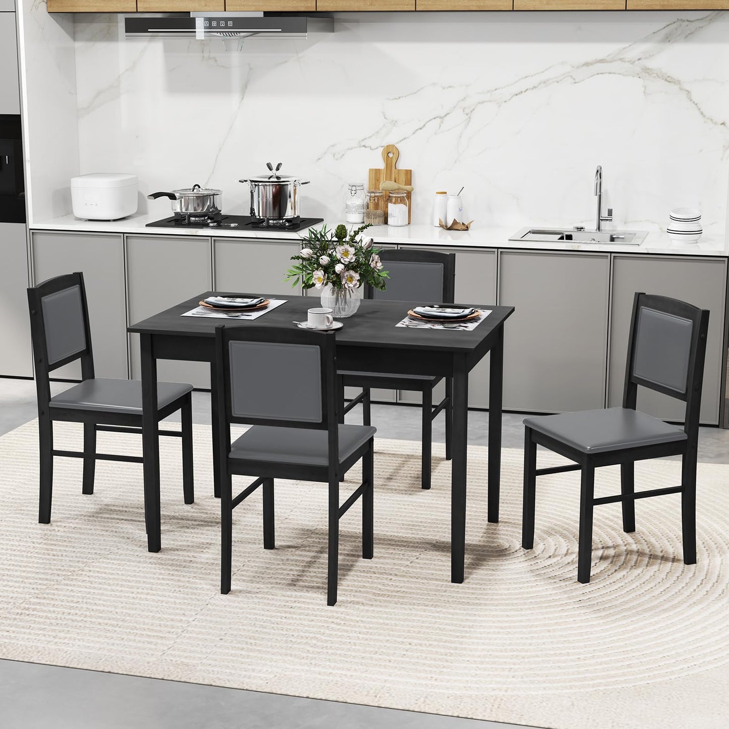 Tangkula Dining Table Set for 4, Farmhouse Solid Wood Dinette Set w/Rubber Wood Legs, Upholstered Seat & Padded Backrest, Mid-Century Modern Dining Table and Chairs Set for Kitchen, Dining Room