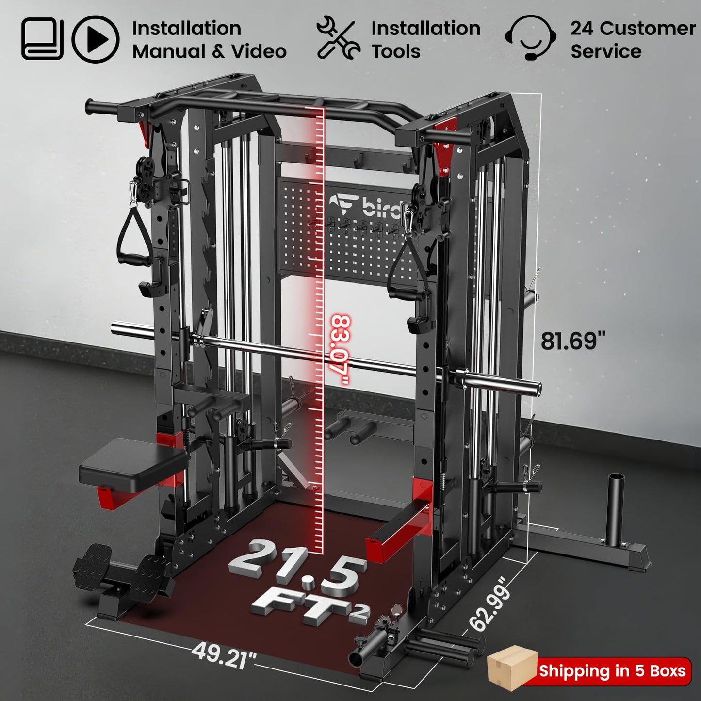 Birdfeel Multi-Function 2000LB Smith Machine Power Cage, Home Gym Squat Rack Featuring LAT Pulldown, Dual Pulley Cable Crossover, Gym-Quality Power Rack with Strength Training Attachments, Pegboard