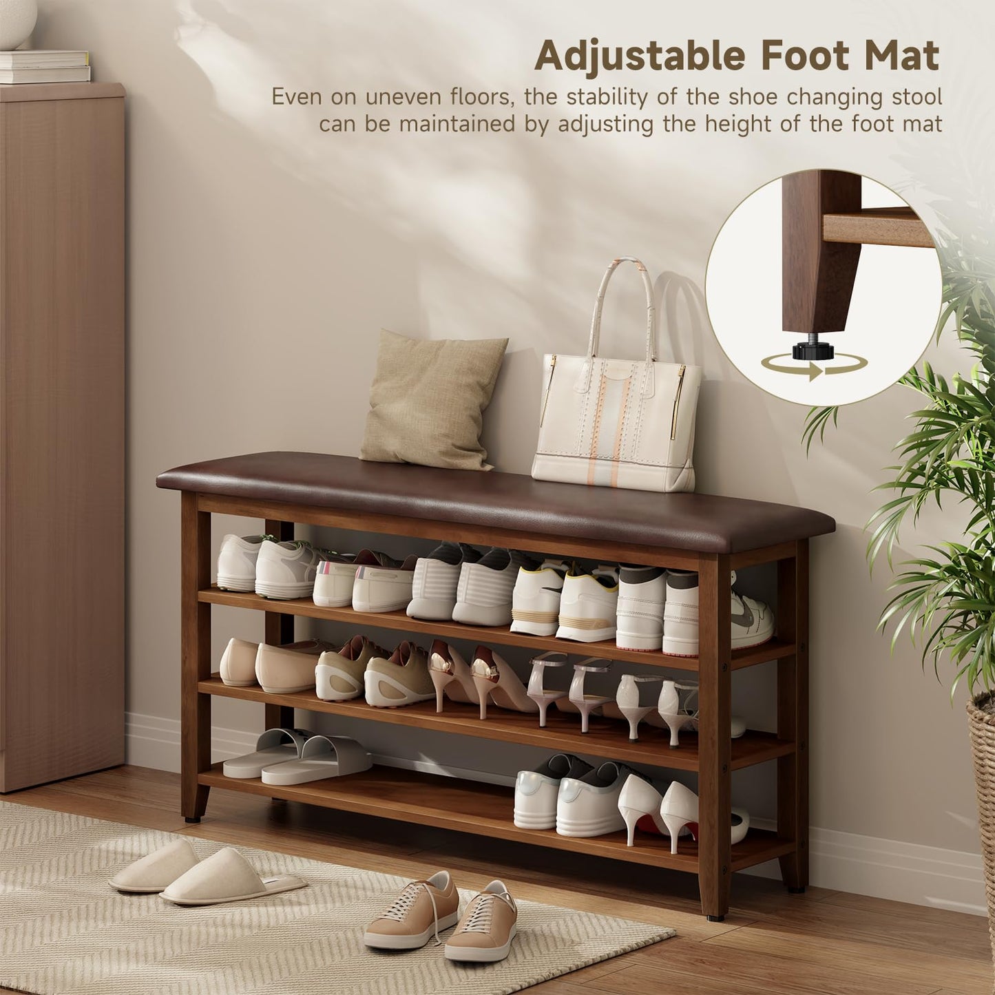 Vellzeyce Shoe Bench with Leather Cushion,Wood Bench with Shoe Rack,3-Tier Shoe Storage Organizer for Entryway,Hallway,Living Room (Brown, 3-Tier-47.3")