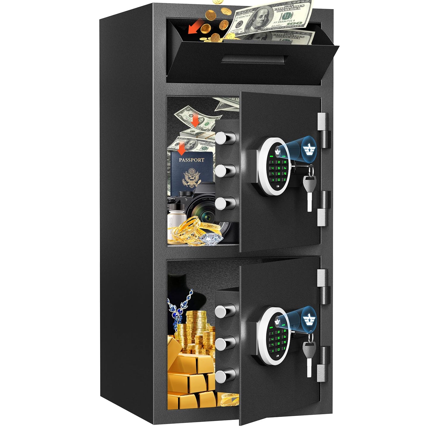 6.5 Cub Extra Large Home Safe Box Fireproof Waterproof with Drop Slot, Digital Drop Slot Safe with Double Door & Key Hook, Money Safes with Backlit Keypad & Dual Alarm for Home Office Business