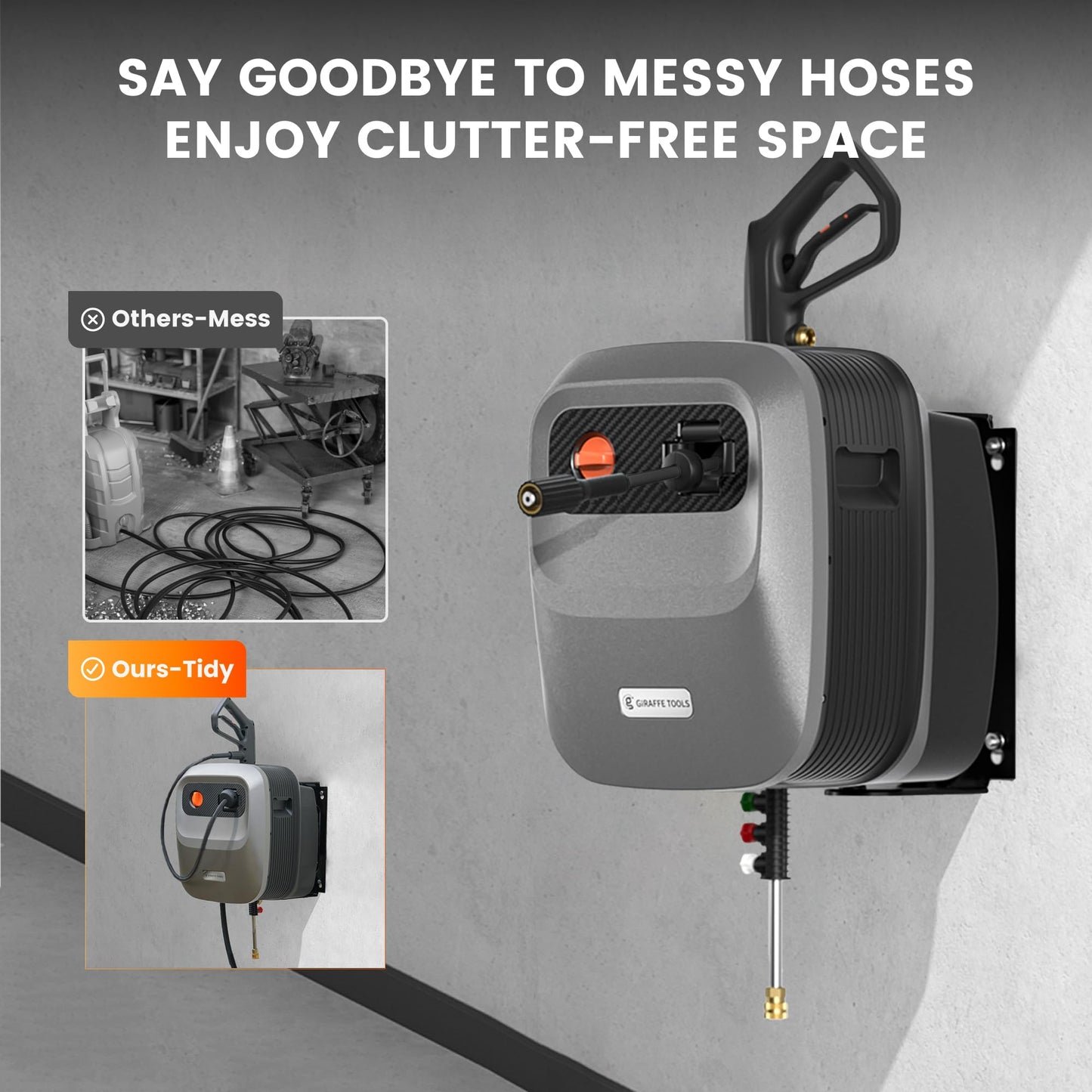 Giraffe Tools Grandfalls Retractable Pressure Washer G20B, 2500 PSI 2.2 GPM, Wall Mounted Power Washer with 65FT Hose Reel, Black Pressure Hoses, 4 Nozzles for Floor/Cars/Fences/Patios, Dark Silver