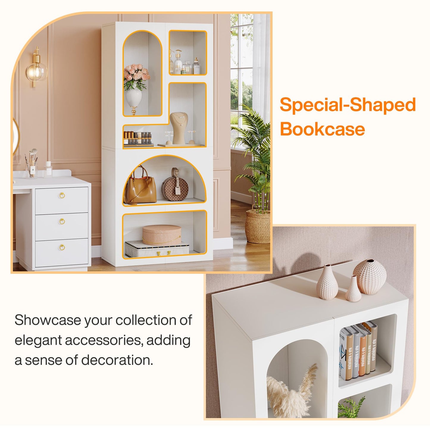 Tribesigns 70.87" Tall Geometric Bookshelf, White Arched Bookcase with 5 Irregular Storage Shelves, Modern Open Art Decor Display Shelf Free-Standing for Living Room, Bedroom, Closet