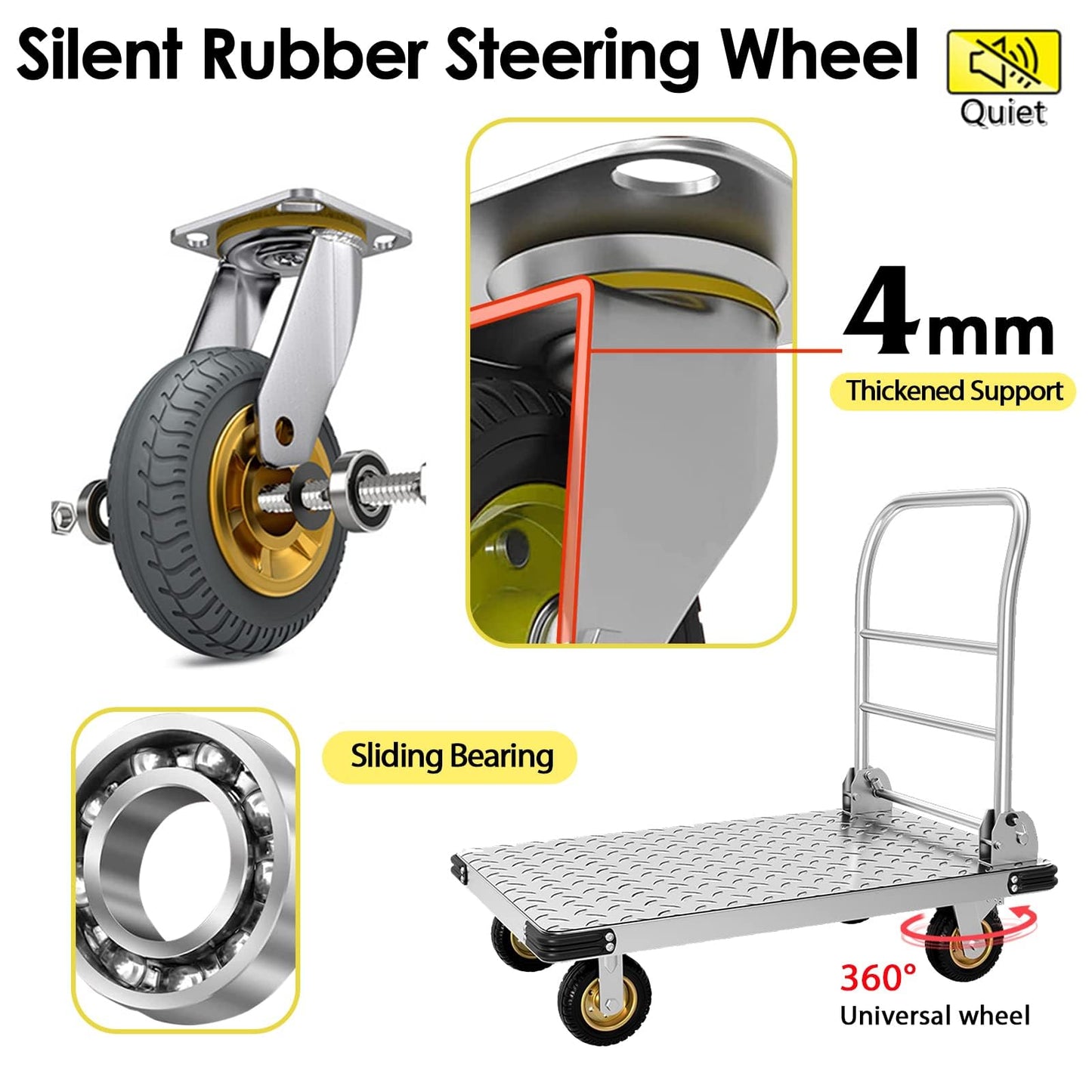 Push Cart Dolly Heavy-Duty Platform Truck Cart with Swivel Wheel 2200 LBS Capacity Foldable Flatbed Cart Large Steel Platform Dolly Cart for Groceries, Garage, Warehouse (36"X 24")