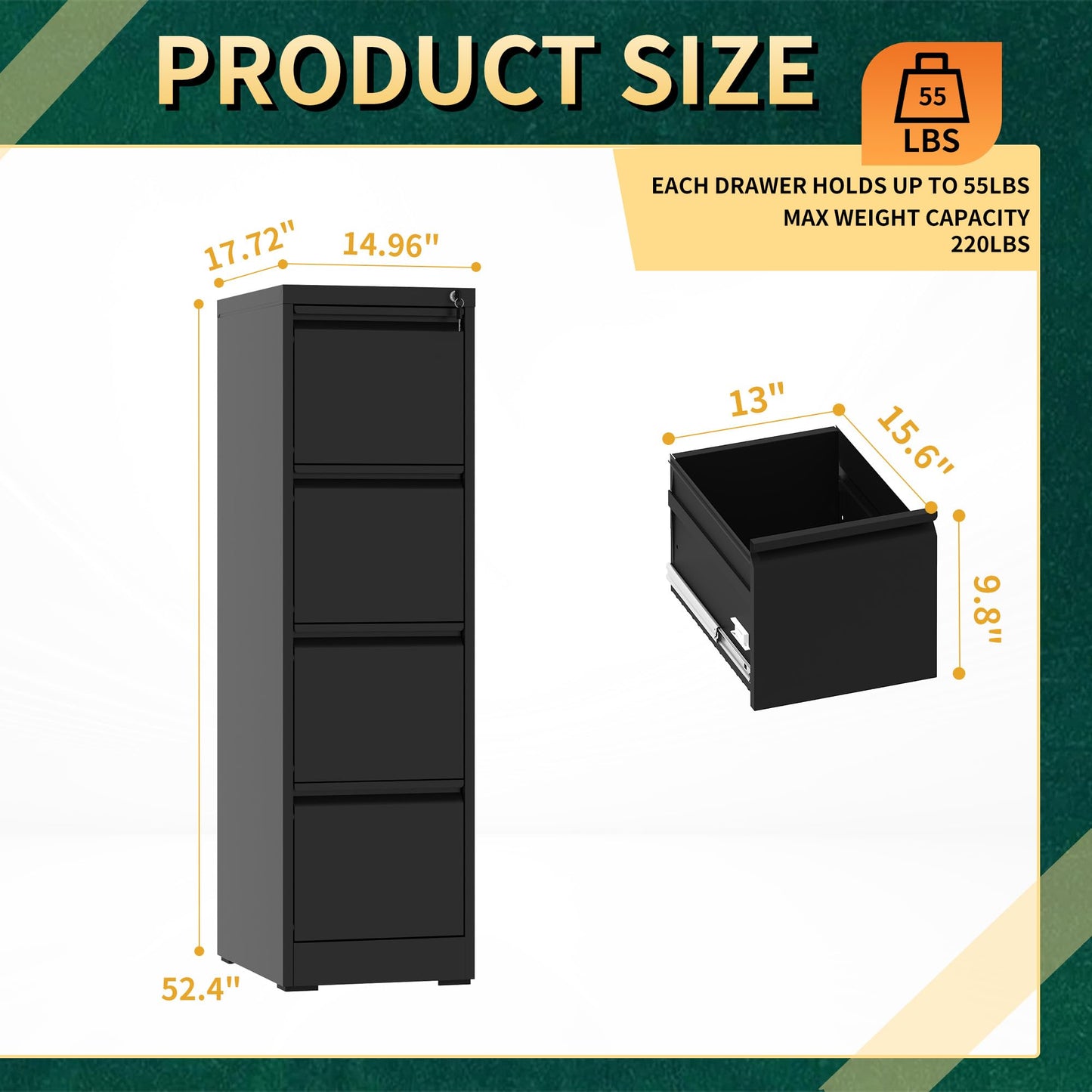 FOSTOKO 4 Drawer File Cabinet with Lock, Steel Vertical Filing Storage Cabinet for Home Office, Heavy-Duty File Cabinets for Letters/Legal/A4 (Require Assembly, Black)