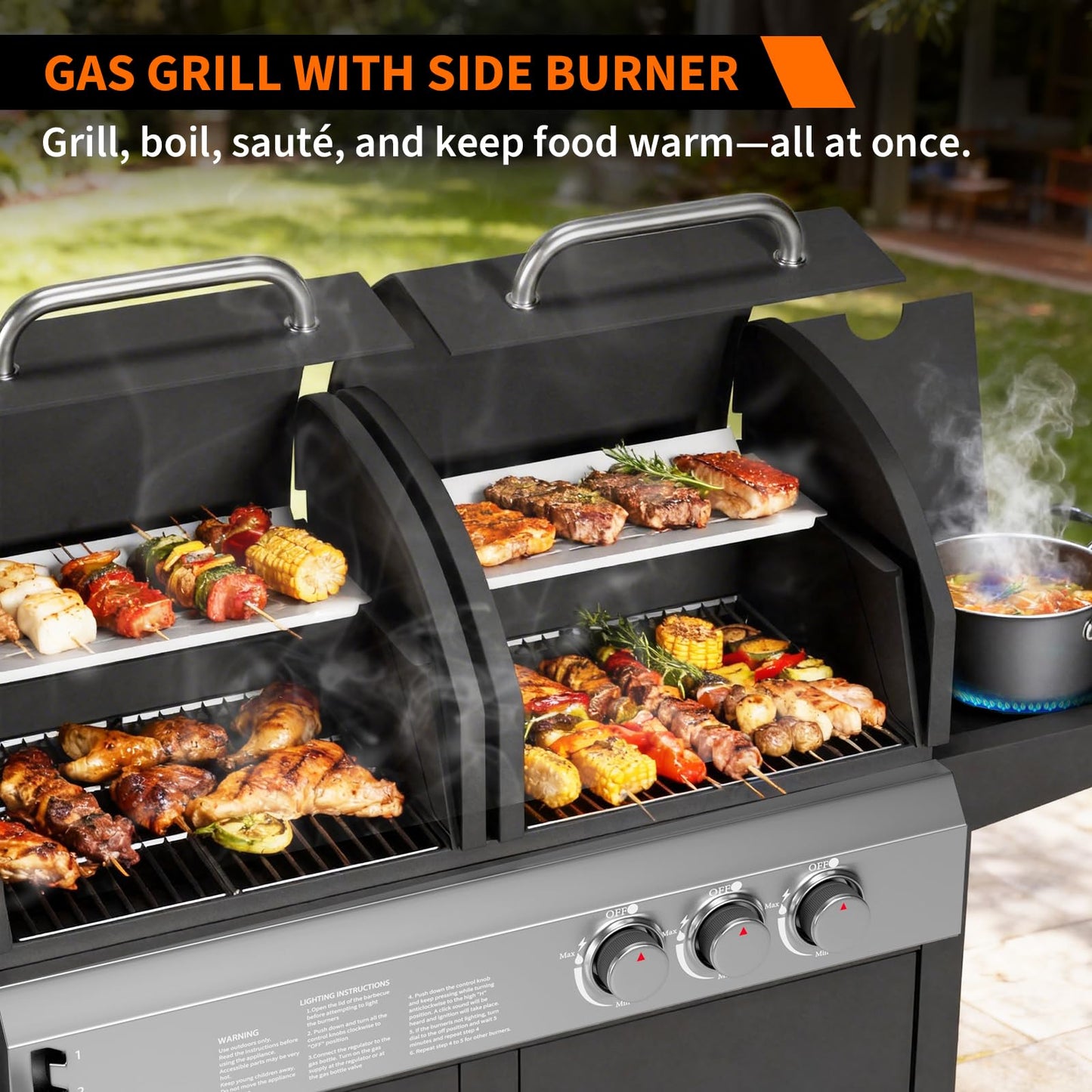 Charcoal and Propane Gas Grill Combo with Side Burner & Porcelain-Enameled Cast Iron Grate, 24,000 BTU Dual Fuel BBQ Grill for Backyard, Outdoor, Patio, Camping, 690 SQIN Cooking Area
