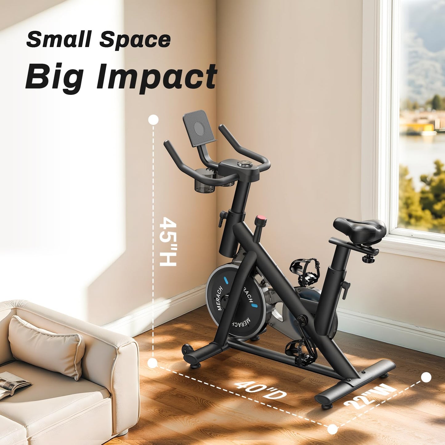 Merach Exercise Bike, Magnetic Friction Stationary Bike with Brake Pad and Exclusive App, Low Noise Indoor Cycling Bike with 300lbs Weight Capacity, Tablet Mount and Fitness Courses for Weight Loss