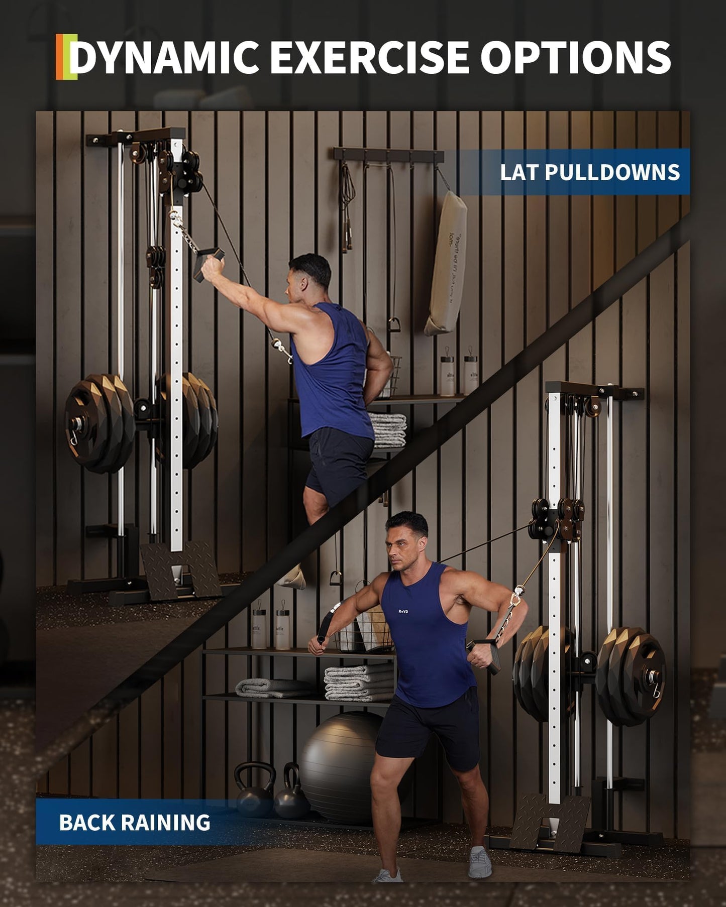 GarveeLife Wall Mount Cable Station, LAT Pulldown Machines with 19 Positions Dual Pulley System, Cable Crossover Machine with Footplate, T-Bar and More Attachments Workout Equipment Home Gym