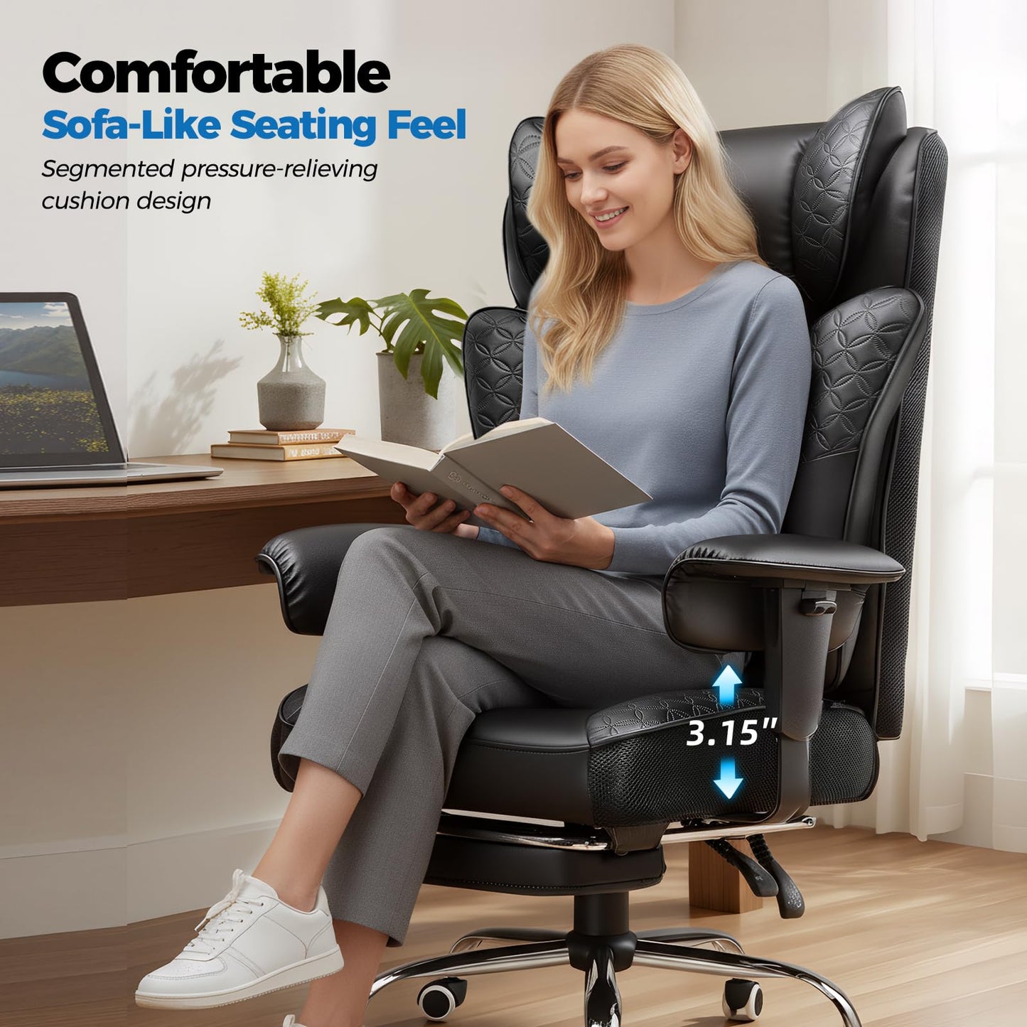 GTPLAYER Big and Tall Office Chair Wide Ergonomic Gaming Chair with Deluxe Embossing Designed Leather with Foot Rest,150°Reclining Adjustable Soft Armrests Pocket Spring Back Support and Pillow
