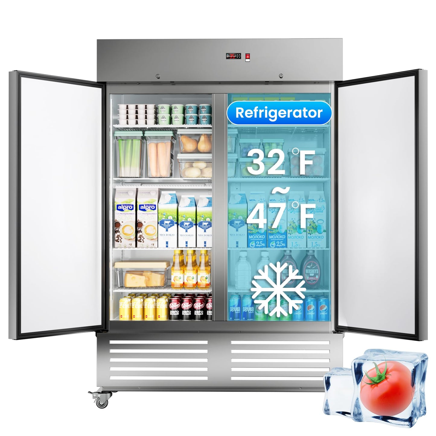 Ferueo Commercial Refrigerator 54" W 2 Door Stainless Steel Reach-in Solid Door Upright Fridge Fan Cooling 49 Cu.ft Refrigerators 32-47°F for Restaurant, Bar, Shop