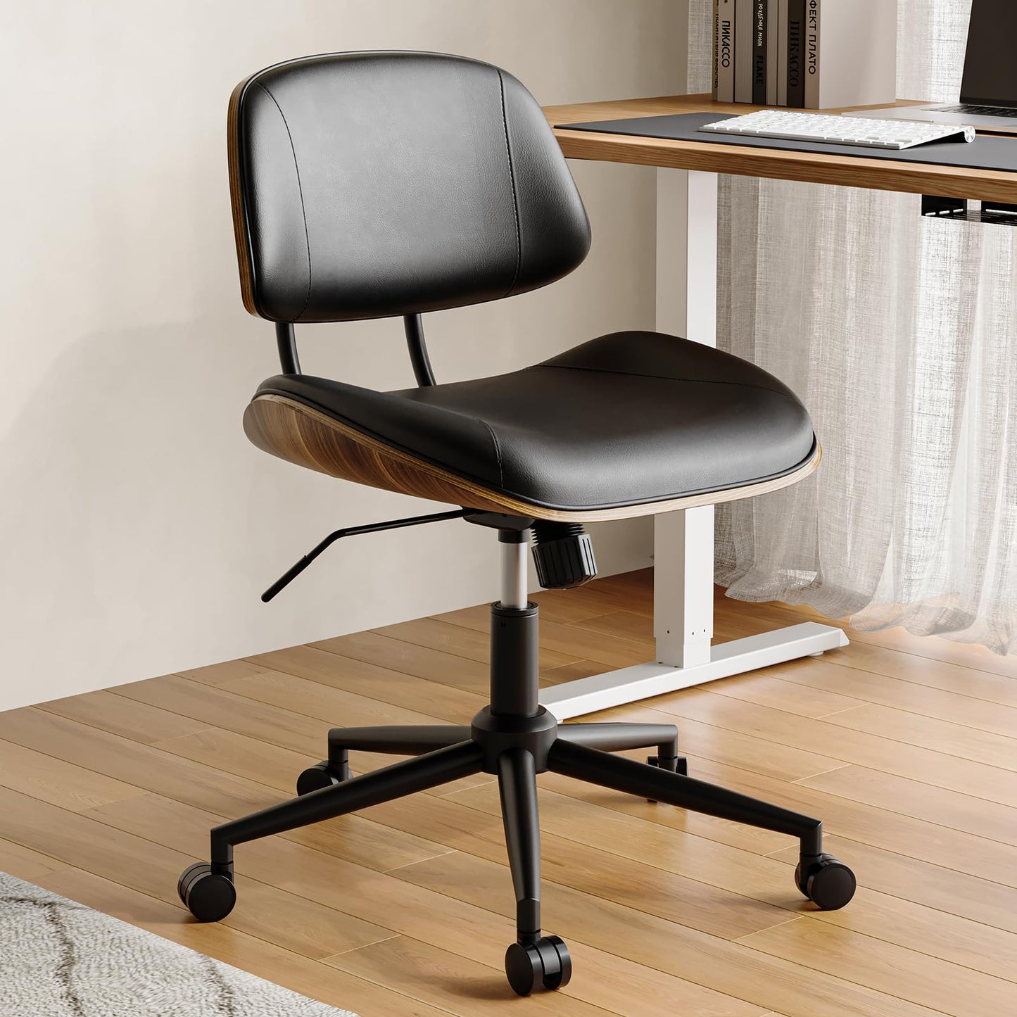 BERYTH Armless Office Chair with Wheels, PU Leather Adjustable Height Desk Chair - 360° Swivel Ergonomic Computer Chair for Small Space, Modern Walnut Style, Home & Meeting Room, Black