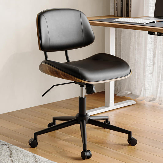 BERYTH Armless Office Chair with Wheels, PU Leather Adjustable Height Desk Chair - 360° Swivel Ergonomic Computer Chair for Small Space, Modern Walnut Style, Home & Meeting Room, Black