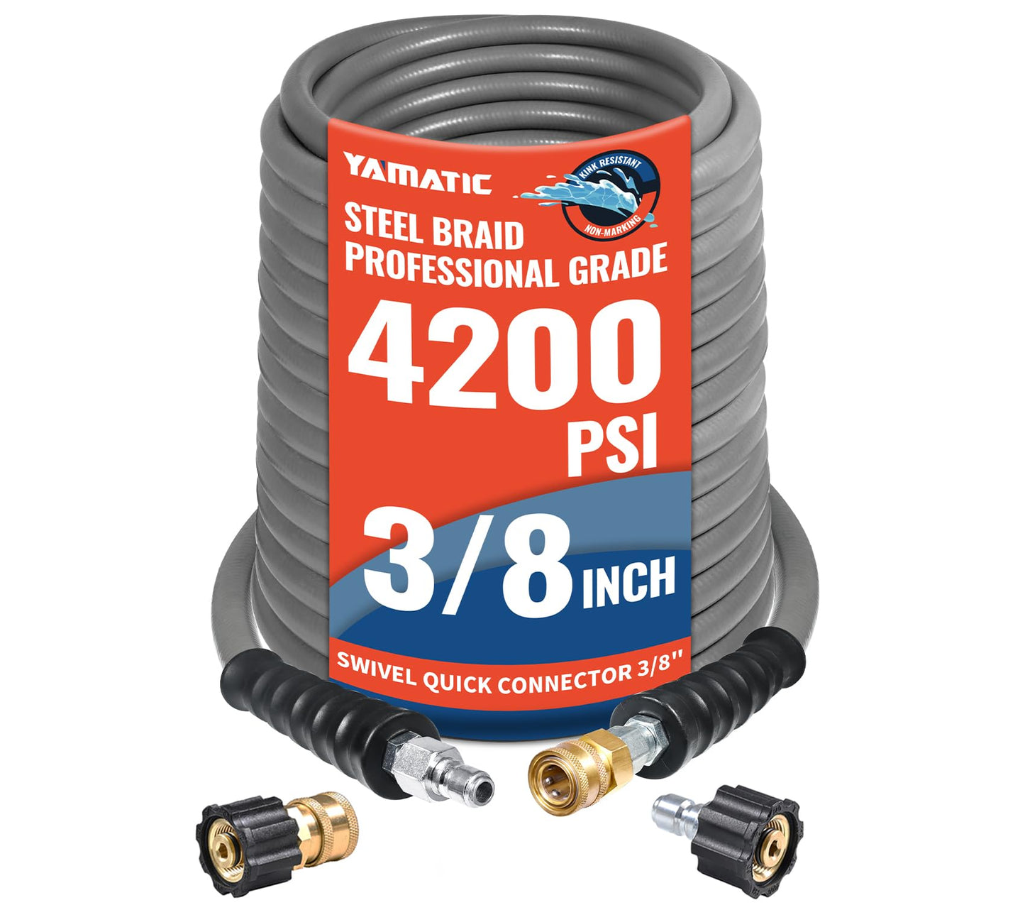YAMATIC 3/8" Pressure Washer Hose 125 FT, 4200 PSI Working 13000 PSI Burst, 3/8" Swivel Quick Connects, 15°F to 250°F Hot & Cold Water Rubber Hose, Non-Marking Gray Jacket, M22 14mm Adapters Included