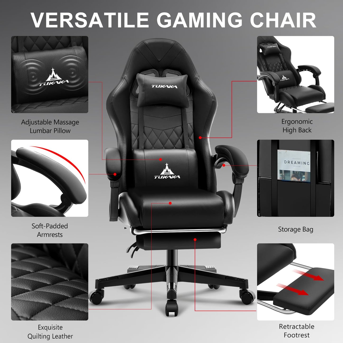 TUKAKA Gaming Chair,Ergonomic Massage Computer Office Desk Chair with Footrest,Pocket Spring Cushion,Reclining Leather Adjustable Gamer Chair with Headrest and Lumbar Support,Black