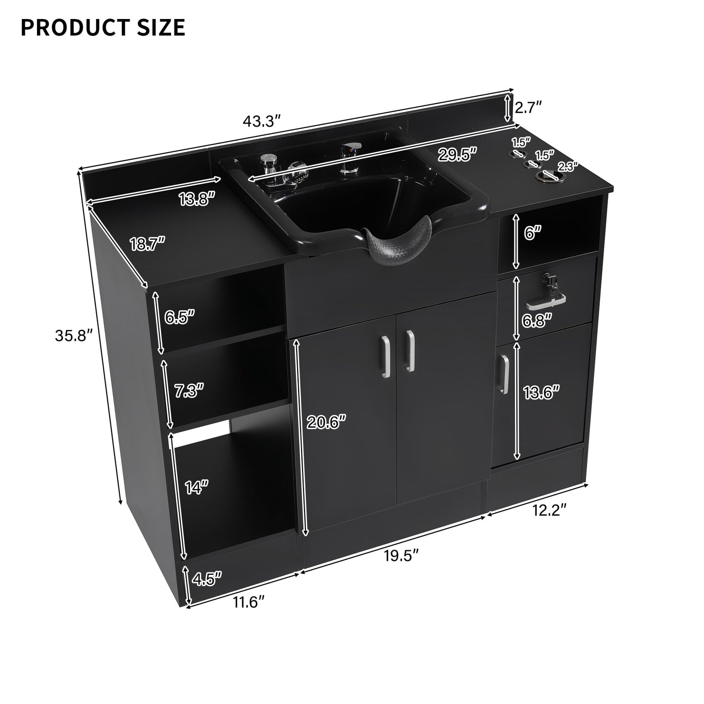 Virubi 43“ Shampoo Backwash Station for Salons,Salon Station with Shampoo Bowl & Storage Layer, Drawer,10V Outlets, USB Port, Faucet Sprayer, Salon Equipment for Spa Beauty