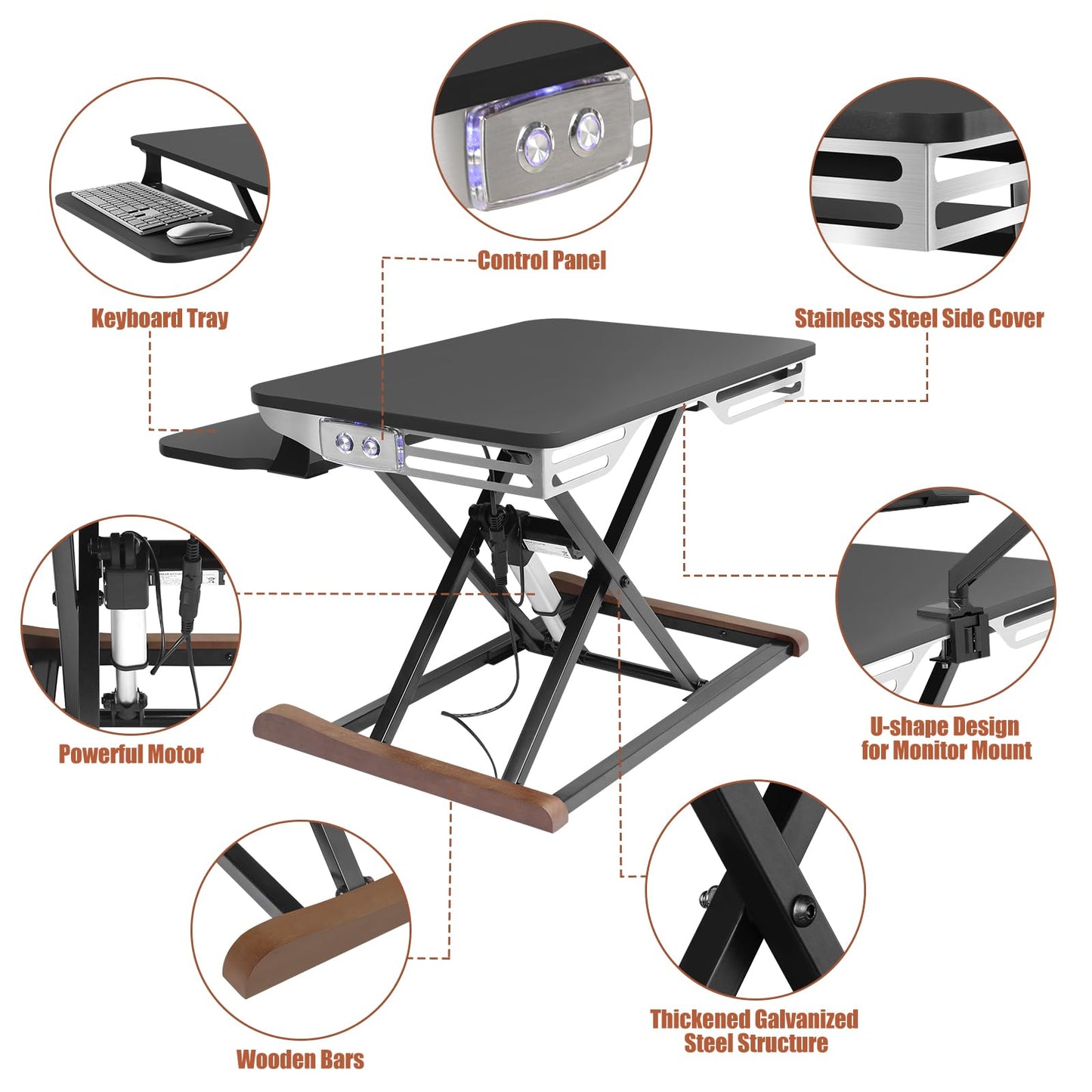 Electric Standing Desk Converter with Keyboard Tray, 26x16 Inch, Height Adjustable Sit to Stand Desk Riser with Unique Side Cover and Wooden Feet, Small Motorized Monitor Riser for Office & Home