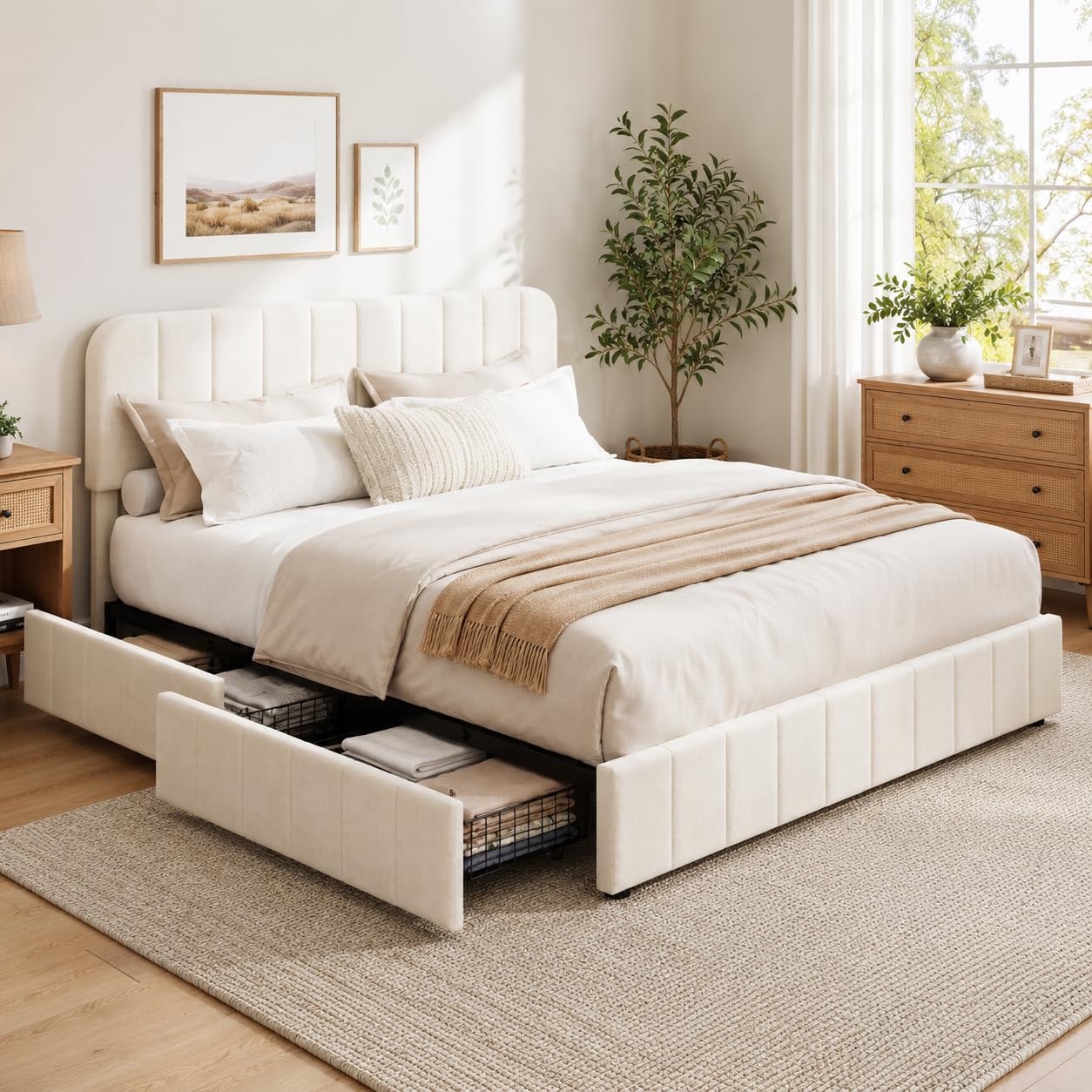 IDEALHOUSE Queen Size Velvet Bed Frame with 4 Storage Drawers, Upholstered Platform Bed with Vertical Channel Tufted Adjustable Headboard, No Box Spring Needed, Easy Assembly, Beige