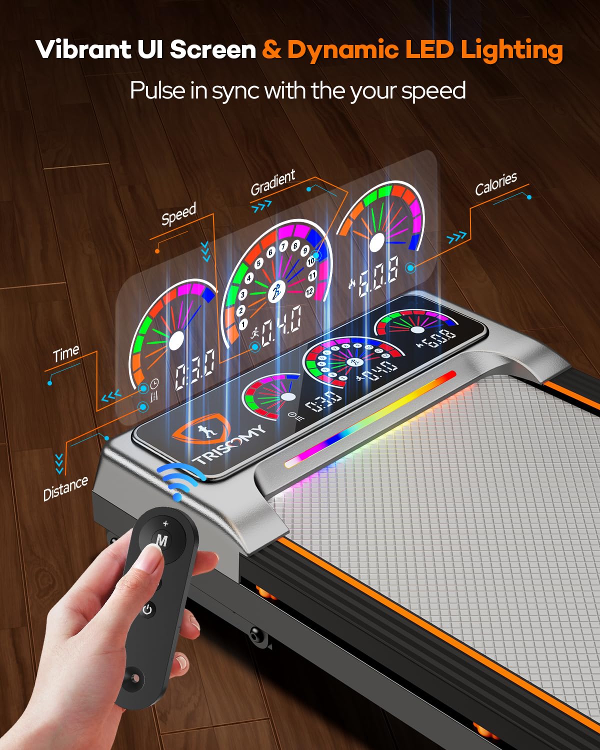Walking Pad Treadmill with 15% 12-Level Auto Incline & UI Screen, Trisomy 3.5HP Foldable Under Desk Treadmill with Bluetooth Speaker, Portable Treadmills for Home Office 450LBS, Remote, RGB Light